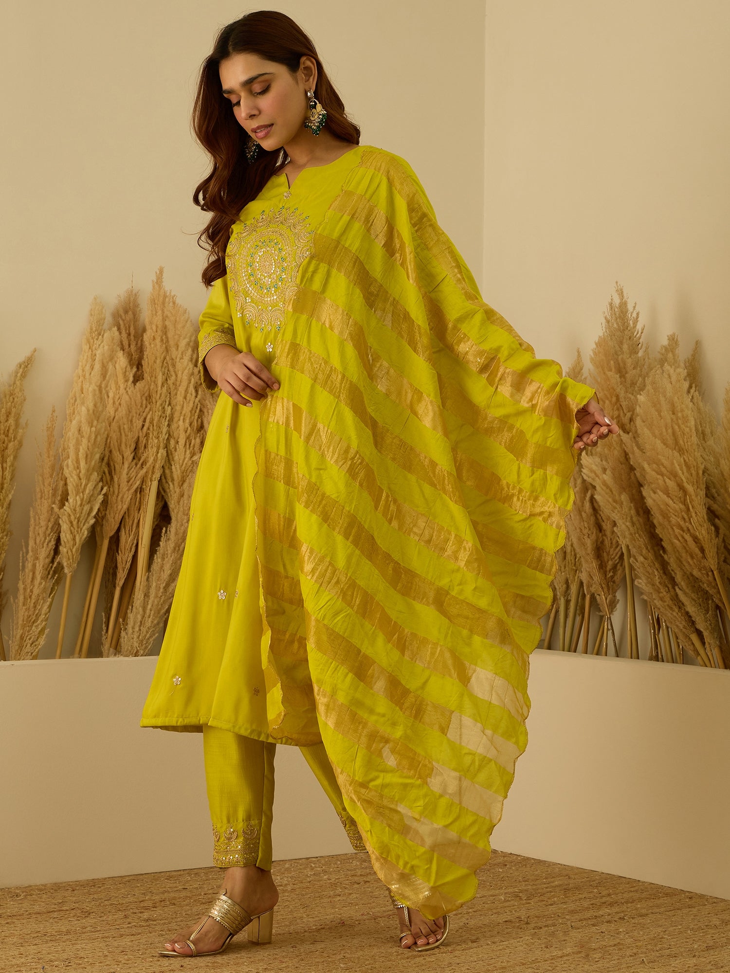VredeVogel Lemon Women Kurta and Pant Dupatta Sets Chanderi Silk Fabrics with Embroidery