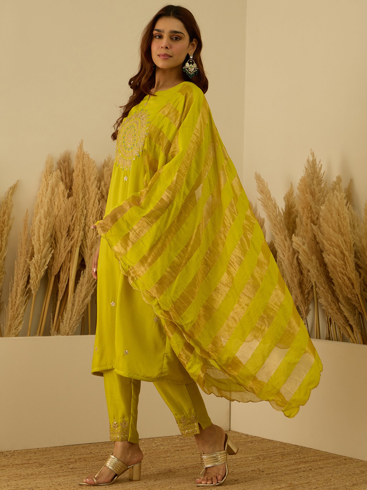 VredeVogel Lemon Women Kurta and Pant Dupatta Sets Chanderi Silk Fabrics with Embroidery