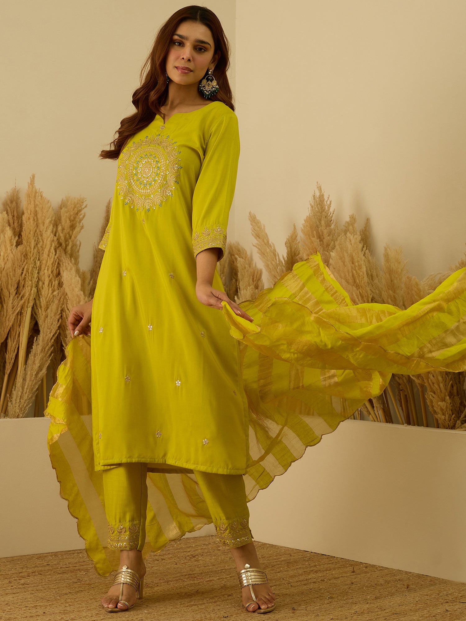 VredeVogel Lemon Women Kurta and Pant Dupatta Sets Chanderi Silk Fabrics with Embroidery