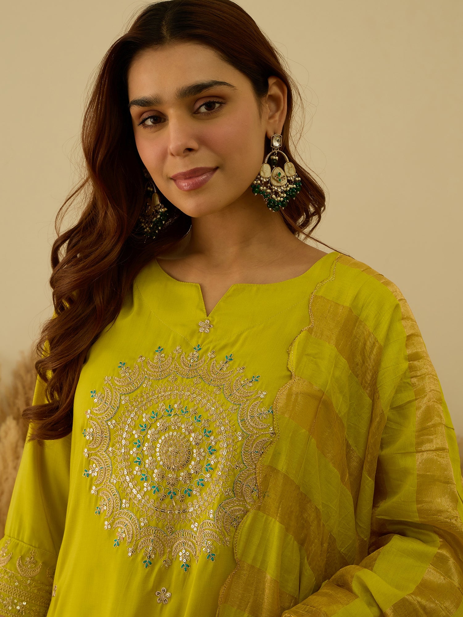 VredeVogel Lemon Women Kurta and Pant Dupatta Sets Chanderi Silk Fabrics with Embroidery
