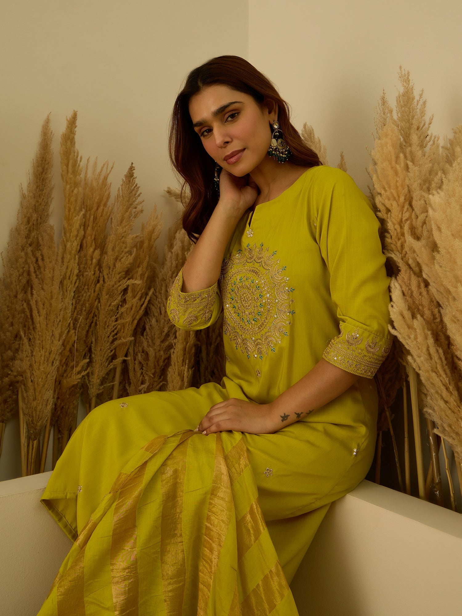 VredeVogel Lemon Women Kurta and Pant Dupatta Sets Chanderi Silk Fabrics with Embroidery