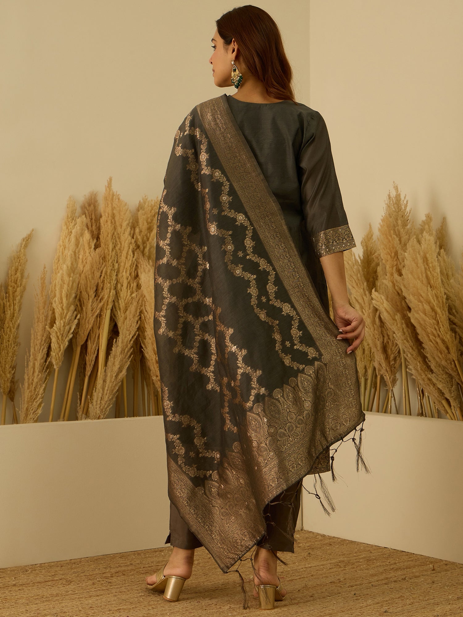 Aarambh Grey Women's Silk Blend Banarasi Jacquard Zari Woven Straight Kurta Pant with Dupatta Set