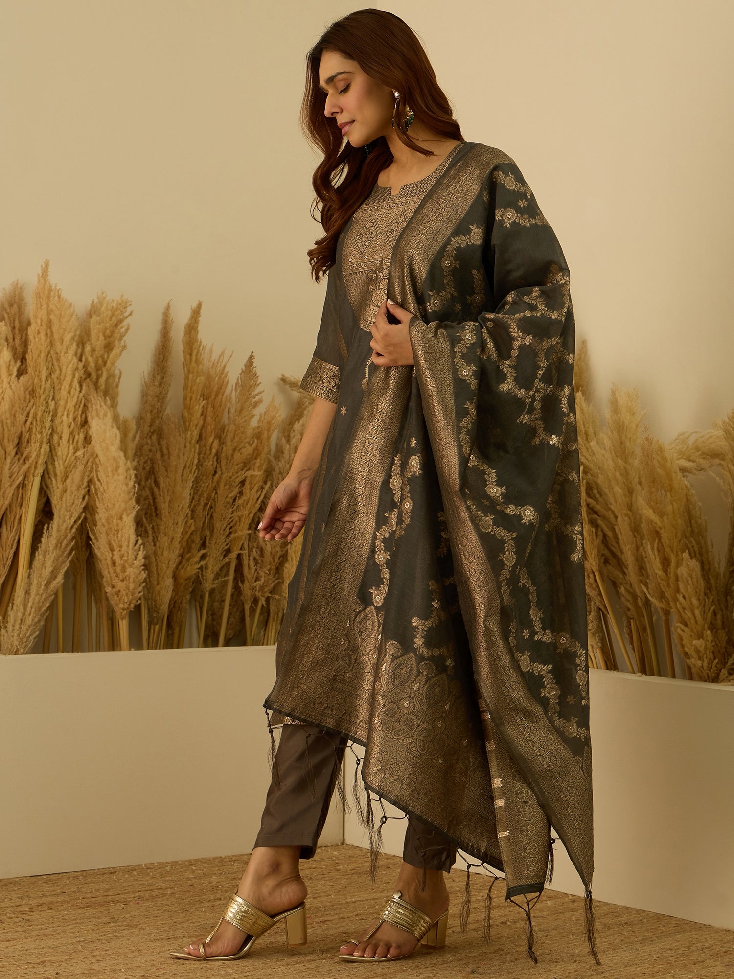 Aarambh Grey Women's Silk Blend Banarasi Jacquard Zari Woven Straight Kurta Pant with Dupatta Set