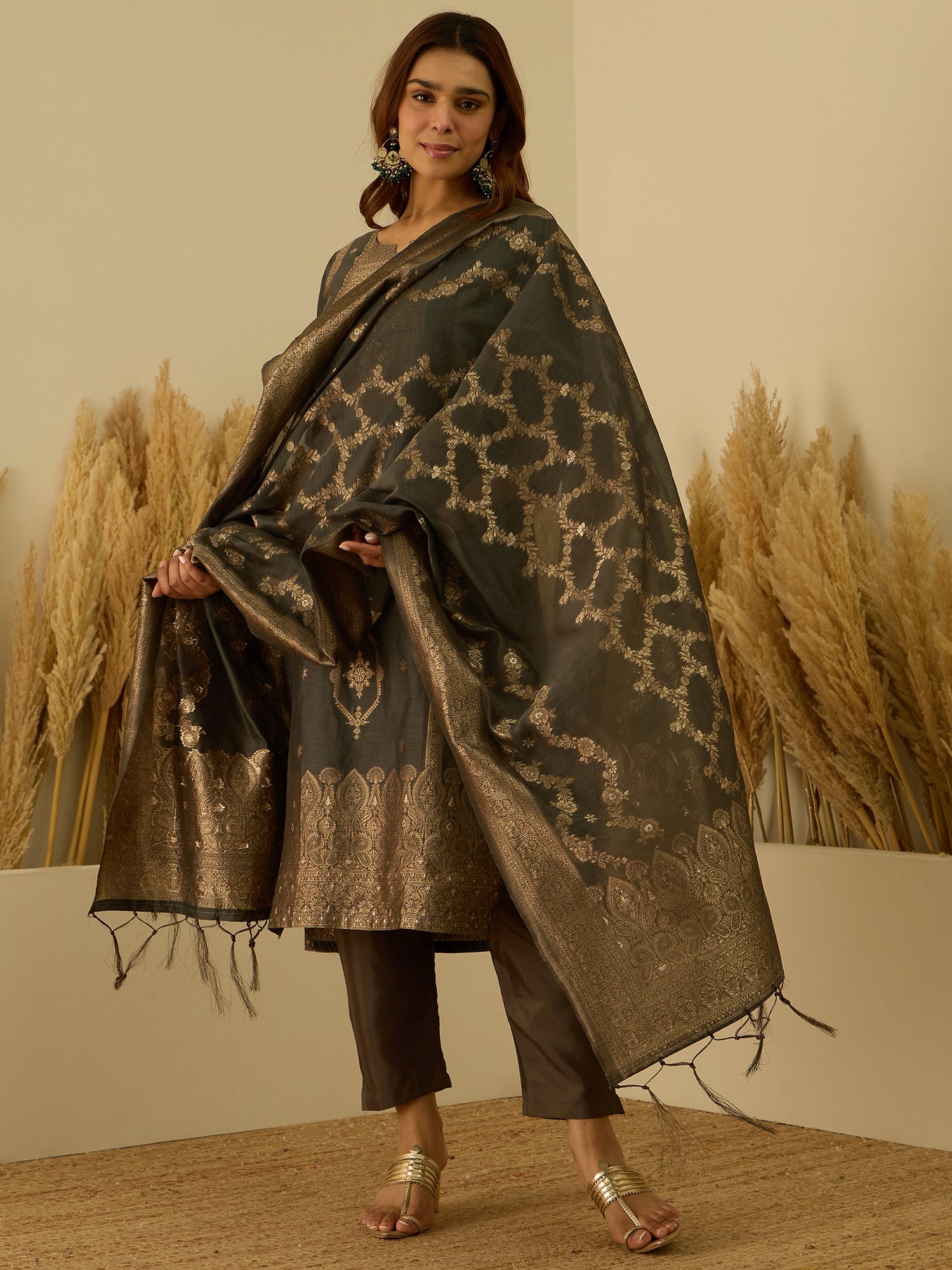 Aarambh Grey Women's Silk Blend Banarasi Jacquard Zari Woven Straight Kurta Pant with Dupatta Set