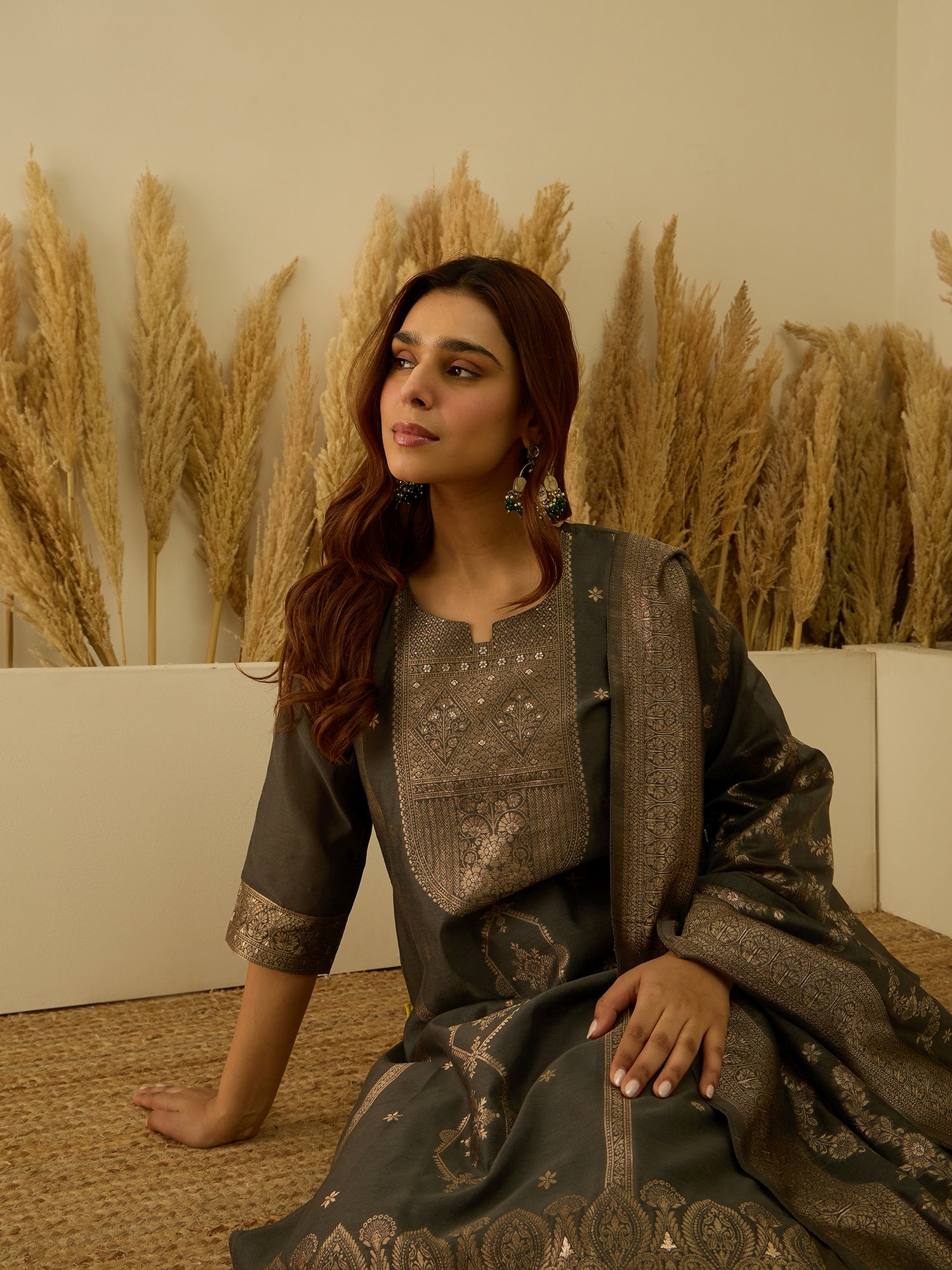 Aarambh Grey Women's Silk Blend Banarasi Jacquard Zari Woven Straight Kurta Pant with Dupatta Set