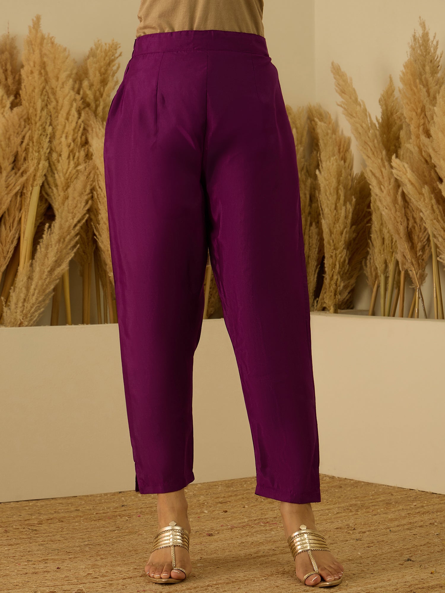 Aarambh Purple Women's Silk Blend Banarasi Jacquard Zari Woven Straight Kurta Pant with Dupatta Set