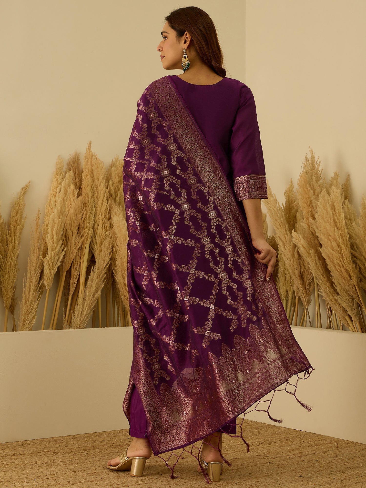 Aarambh Purple Women's Silk Blend Banarasi Jacquard Zari Woven Straight Kurta Pant with Dupatta Set