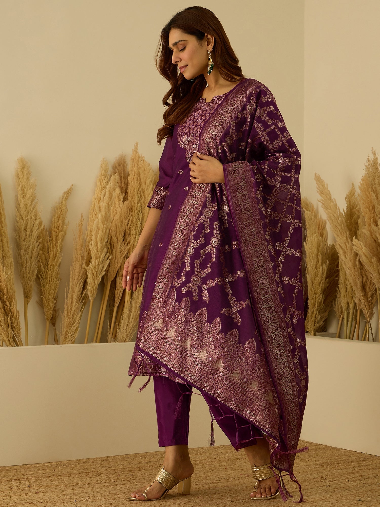 Aarambh Purple Women's Silk Blend Banarasi Jacquard Zari Woven Straight Kurta Pant with Dupatta Set