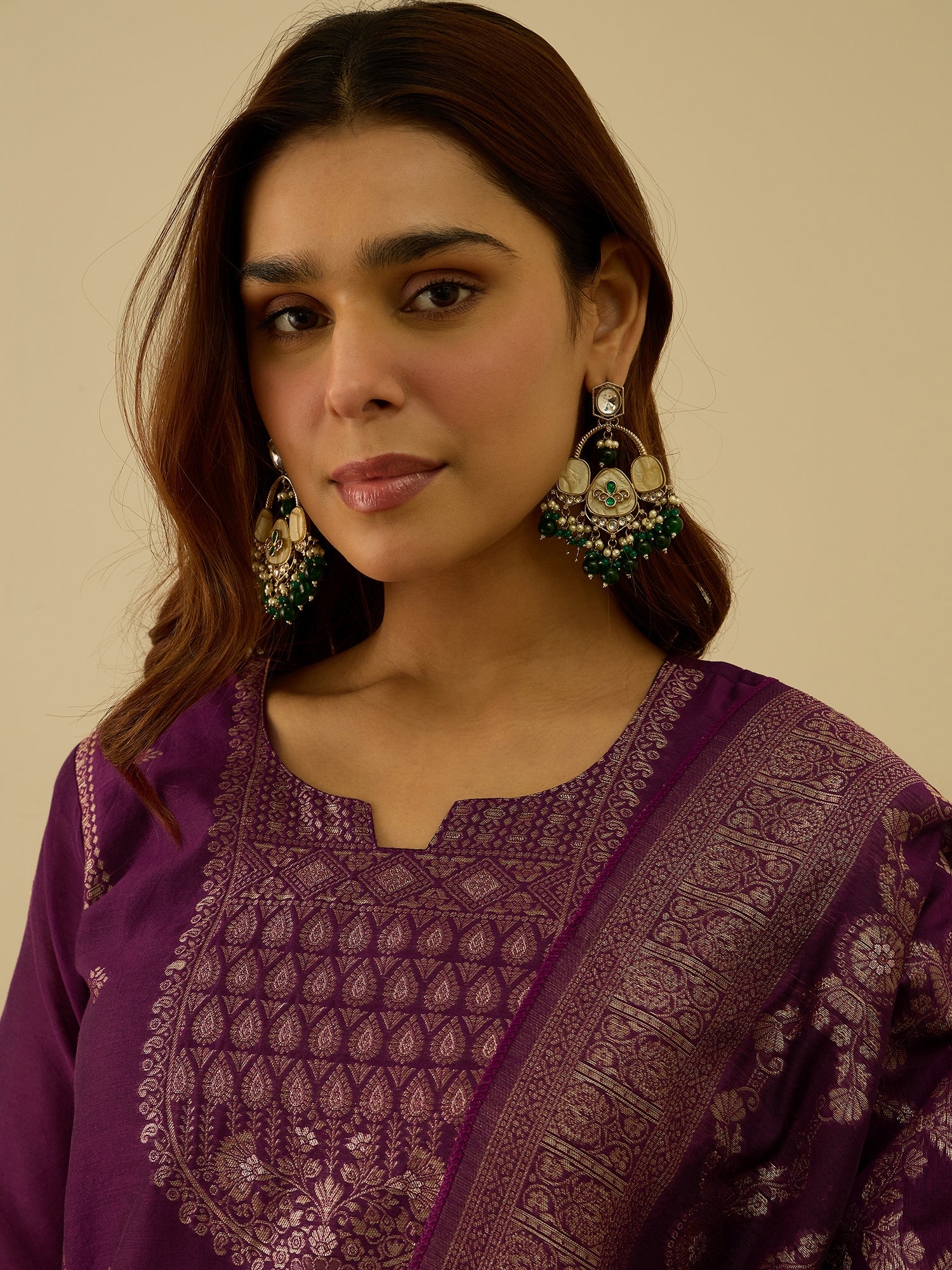 Aarambh Purple Women's Silk Blend Banarasi Jacquard Zari Woven Straight Kurta Pant with Dupatta Set