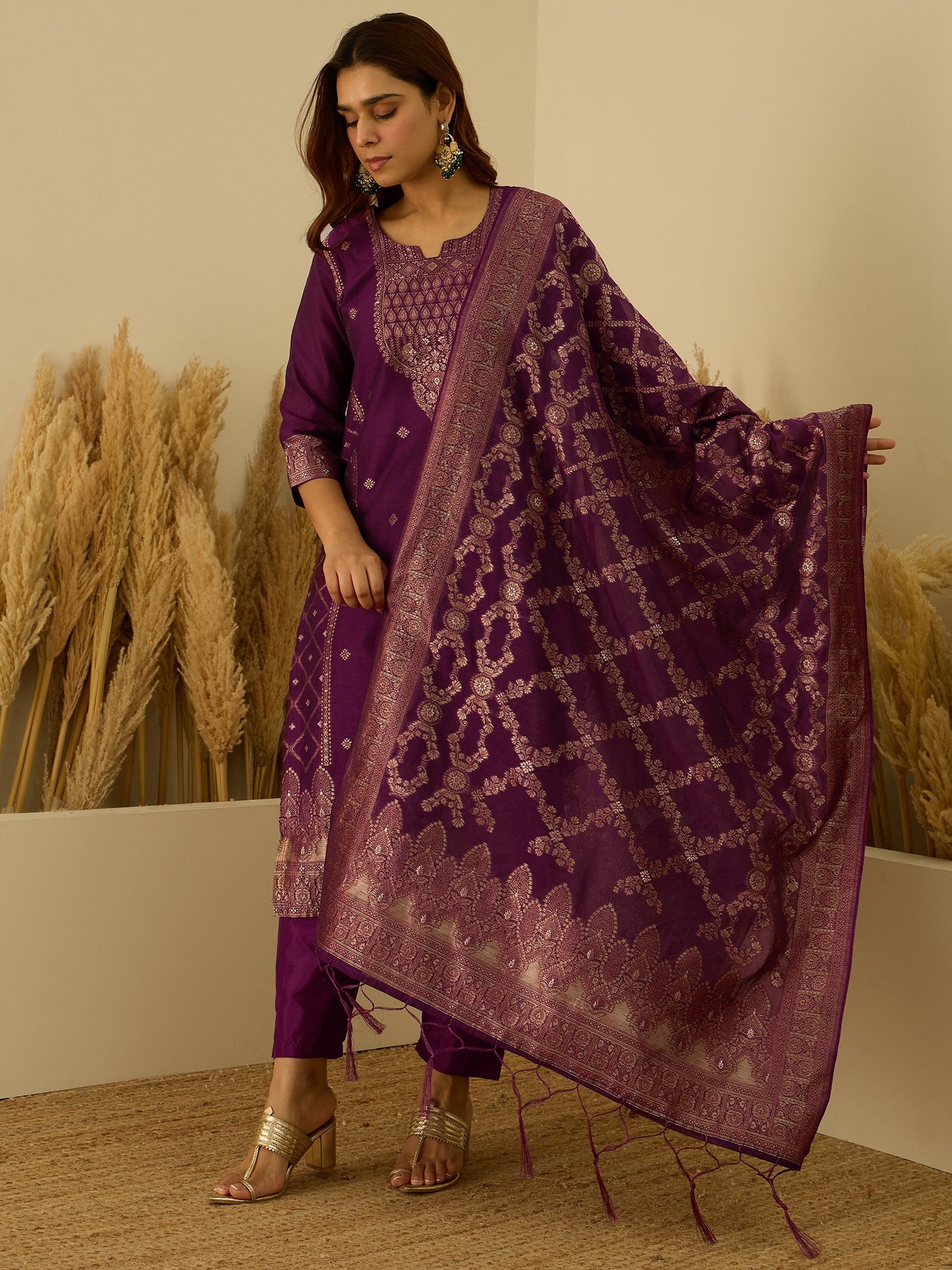 Aarambh Purple Women's Silk Blend Banarasi Jacquard Zari Woven Straight Kurta Pant with Dupatta Set
