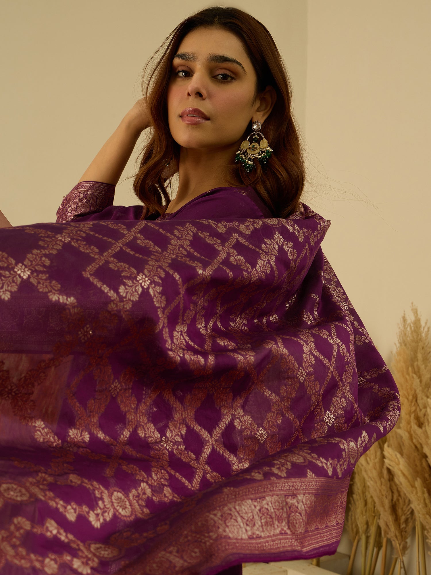 Aarambh Purple Women's Silk Blend Banarasi Jacquard Zari Woven Straight Kurta Pant with Dupatta Set