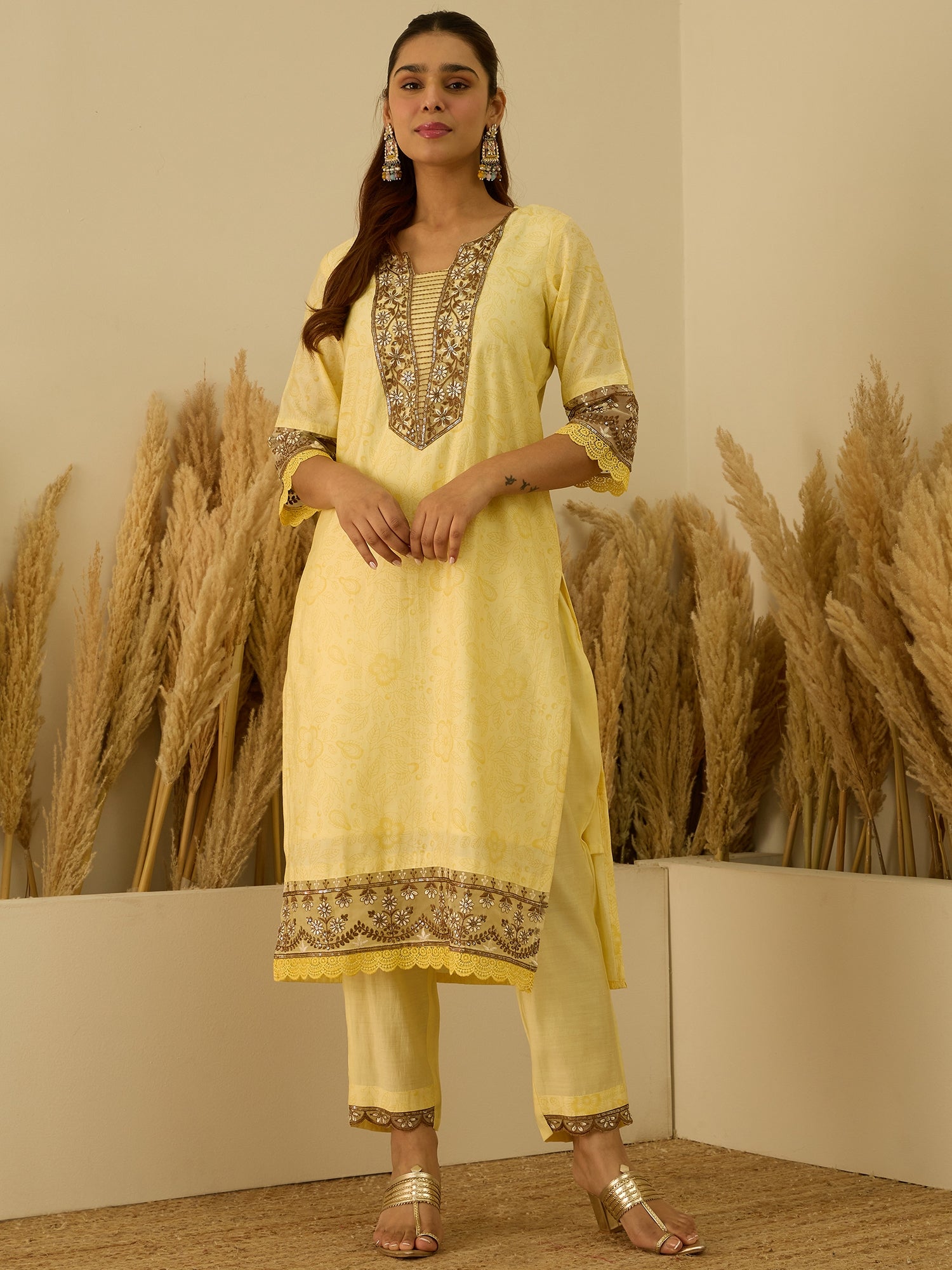 Lavanya Yellow Women's Embroidered Silk Blend Calf Length Straight Kurta Trouser with Dupatta Set