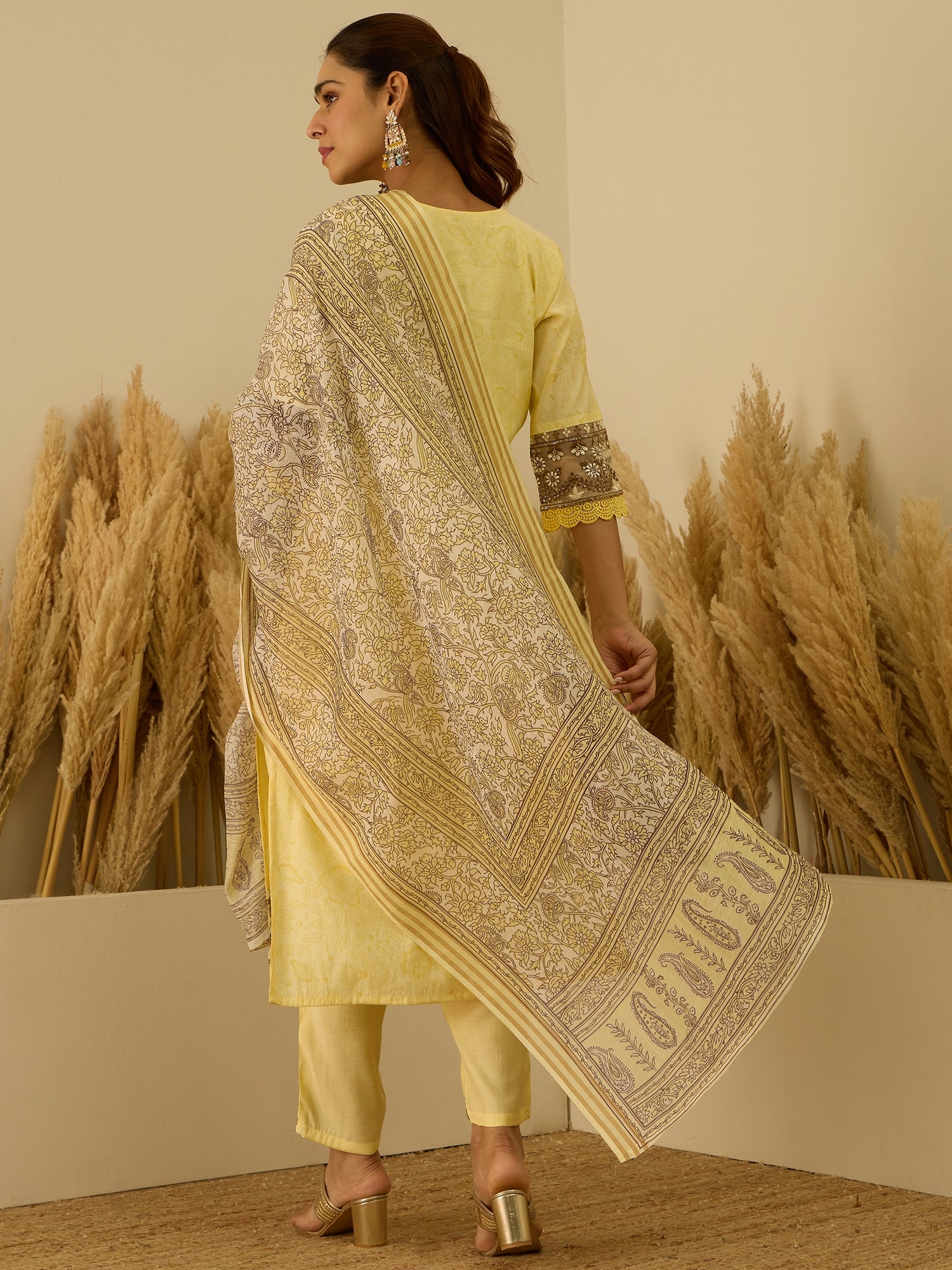 Lavanya Yellow Women's Embroidered Silk Blend Calf Length Straight Kurta Trouser with Dupatta Set