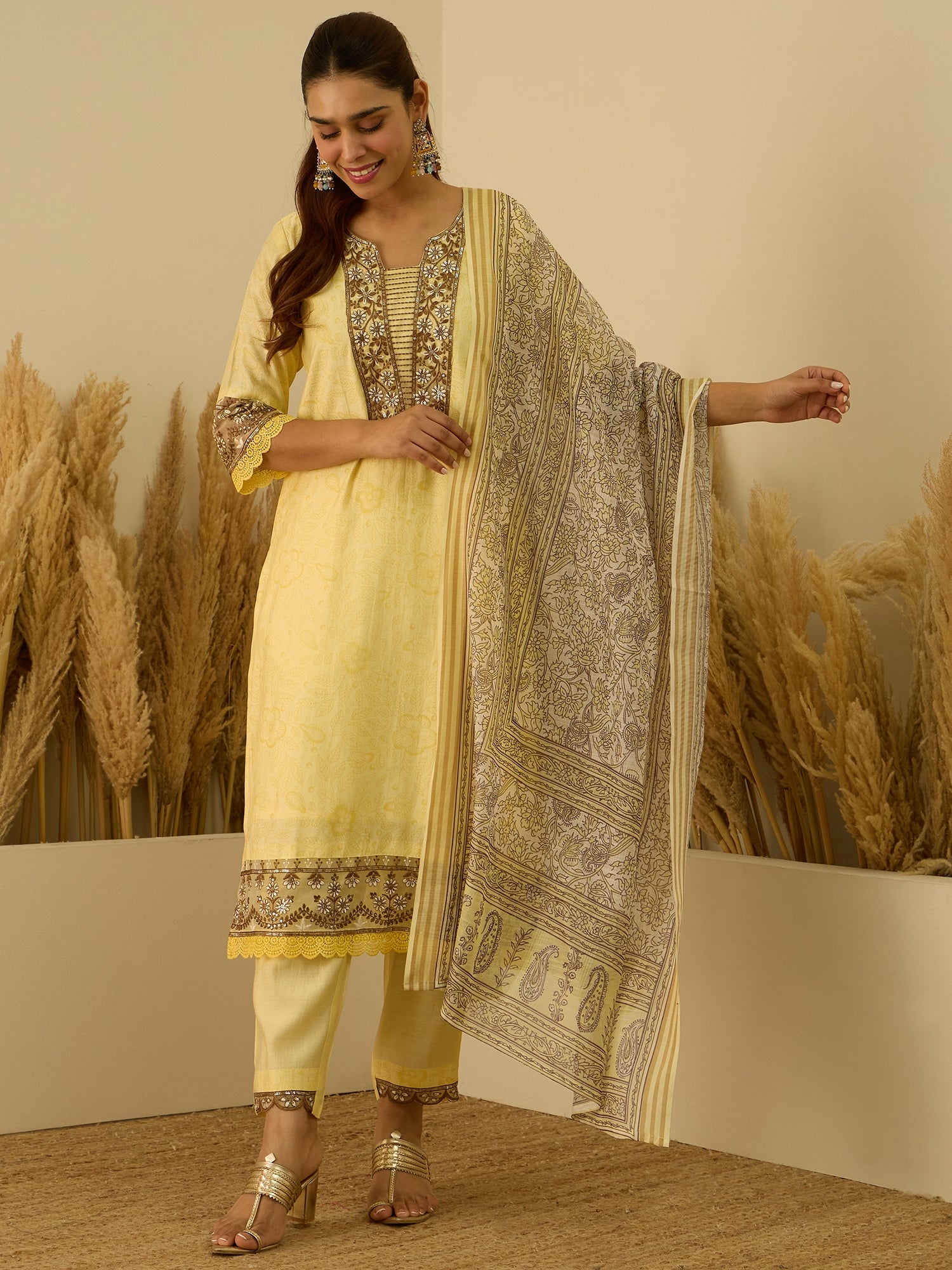 Lavanya Yellow Women's Embroidered Silk Blend Calf Length Straight Kurta Trouser with Dupatta Set