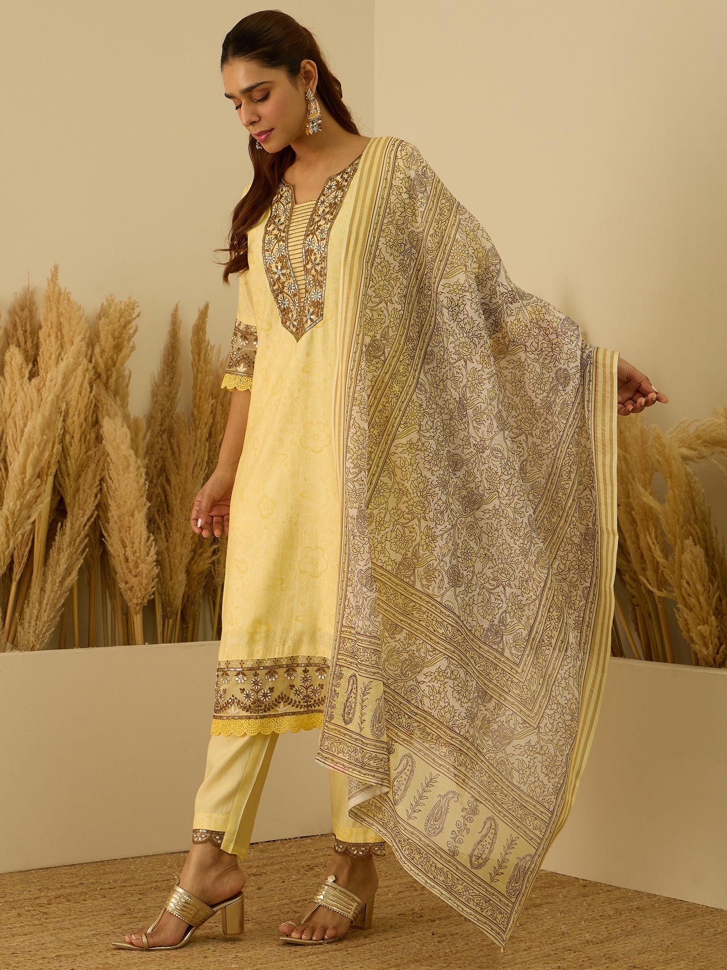 Lavanya Yellow Women's Embroidered Silk Blend Calf Length Straight Kurta Trouser with Dupatta Set