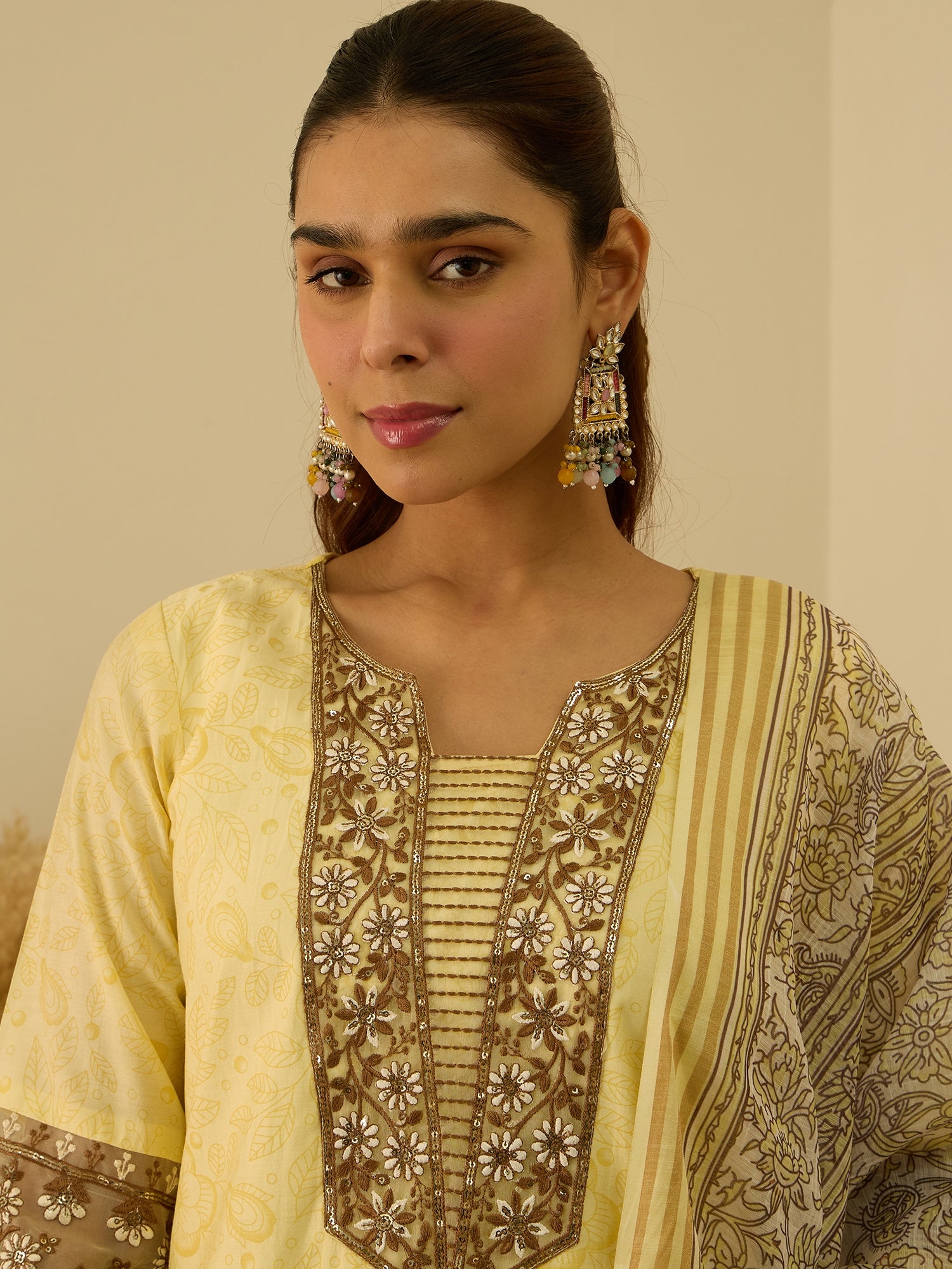 Lavanya Yellow Women's Embroidered Silk Blend Calf Length Straight Kurta Trouser with Dupatta Set