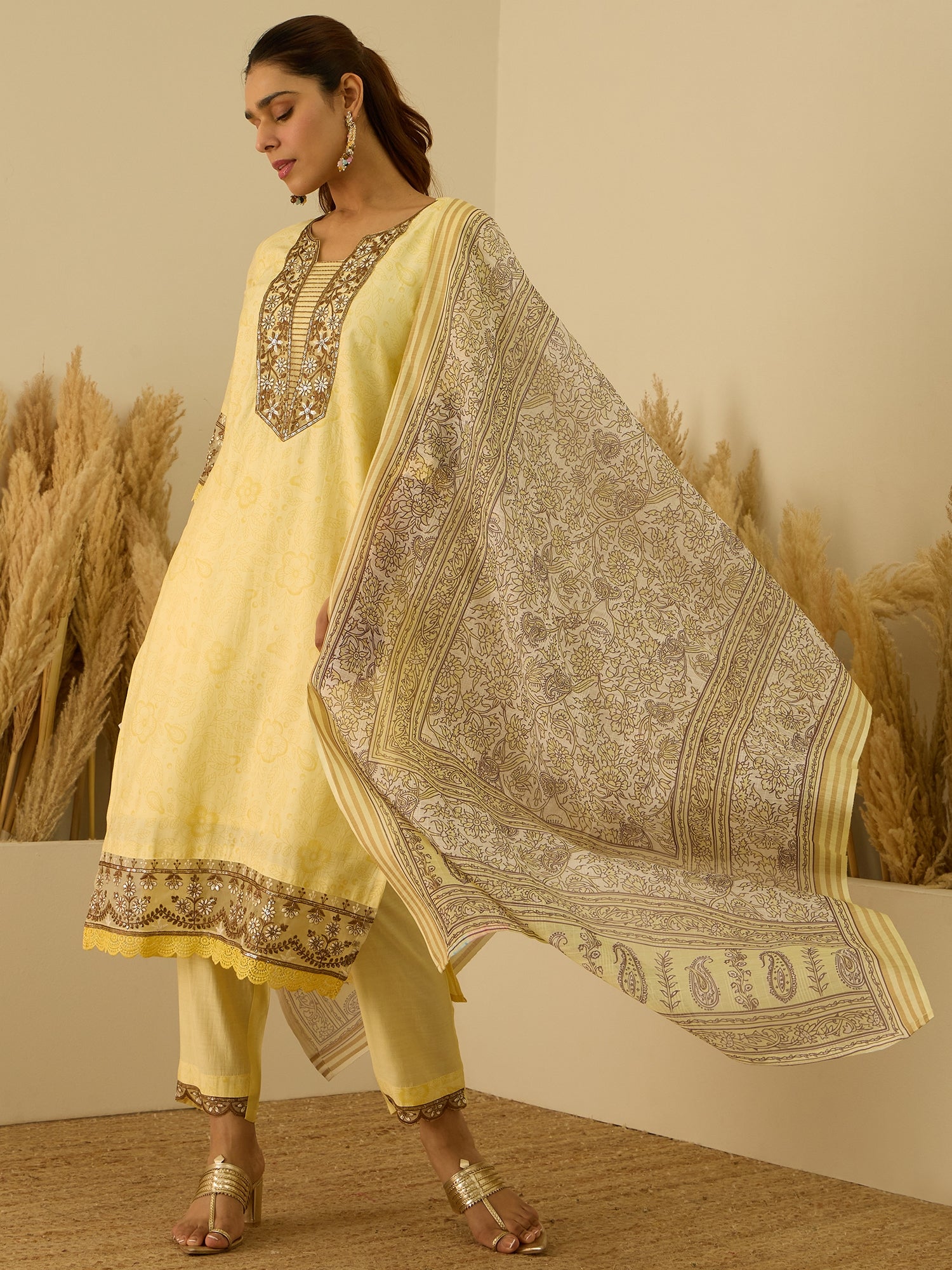 Lavanya Yellow Women's Embroidered Silk Blend Calf Length Straight Kurta Trouser with Dupatta Set