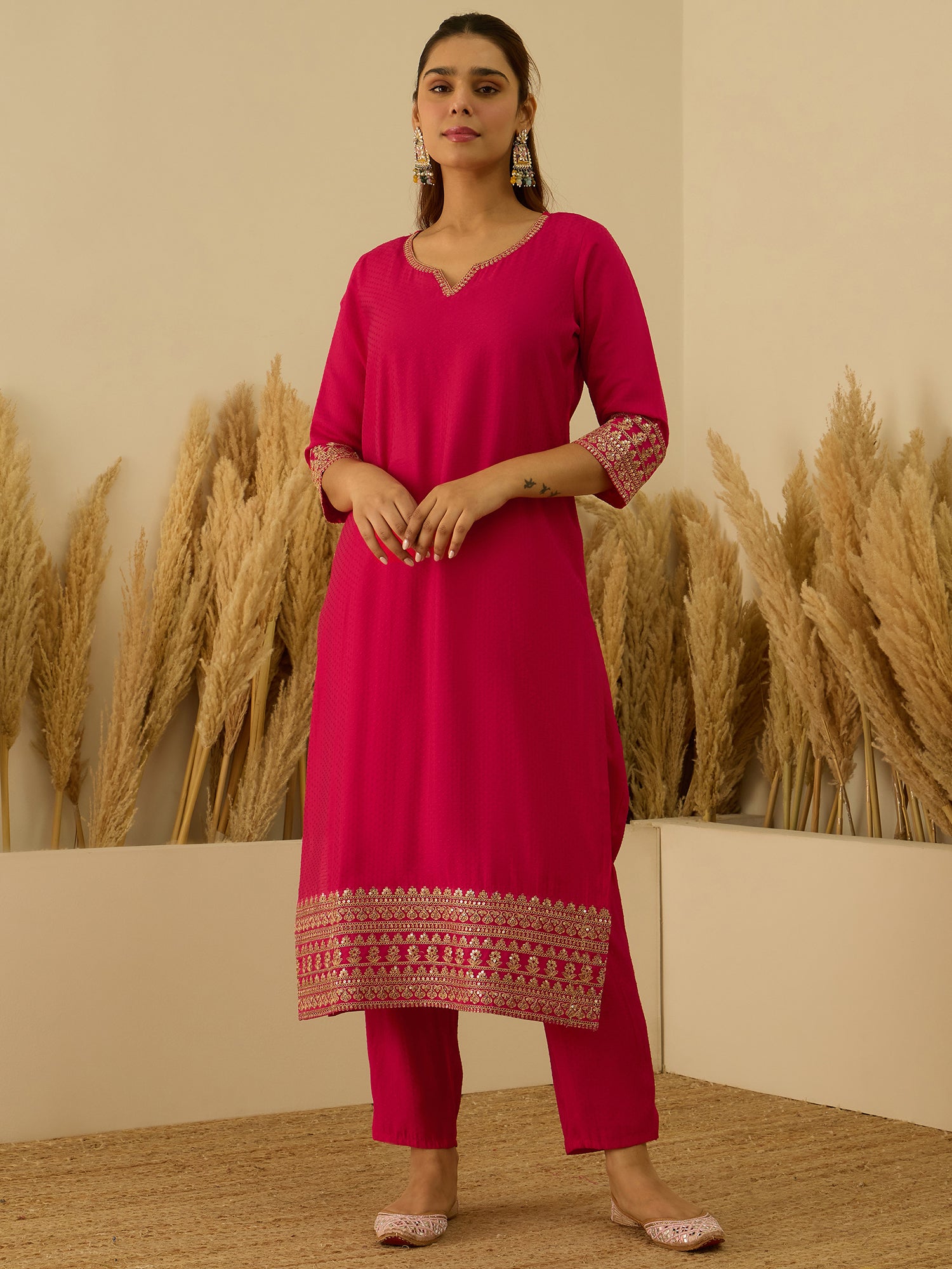 VredeVogel Pink Silk Blend Embroidered with Sequins Straight Kurta Set with Trousers & Dupatta
