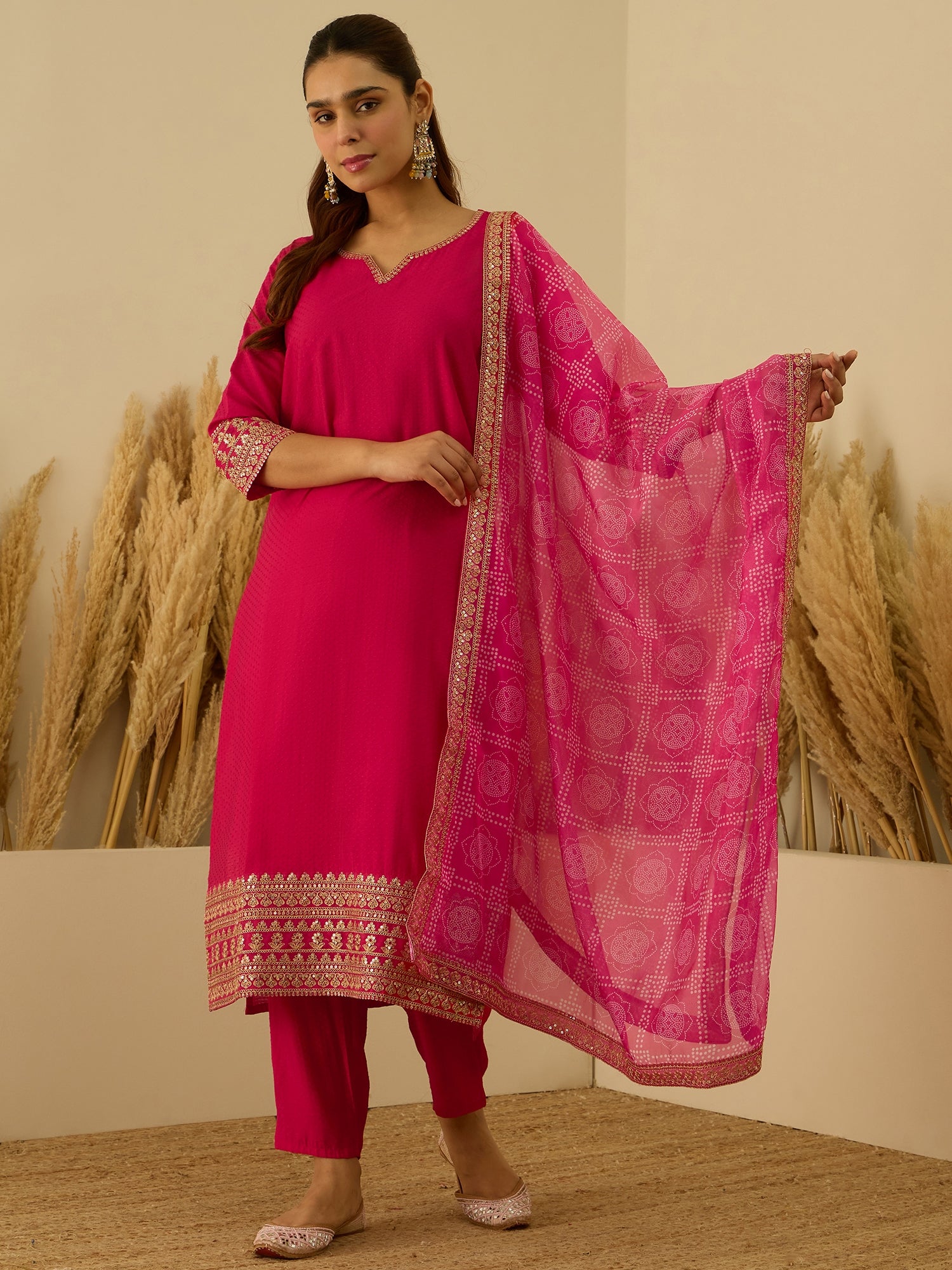 VredeVogel Pink Silk Blend Embroidered with Sequins Straight Kurta Set with Trousers & Dupatta