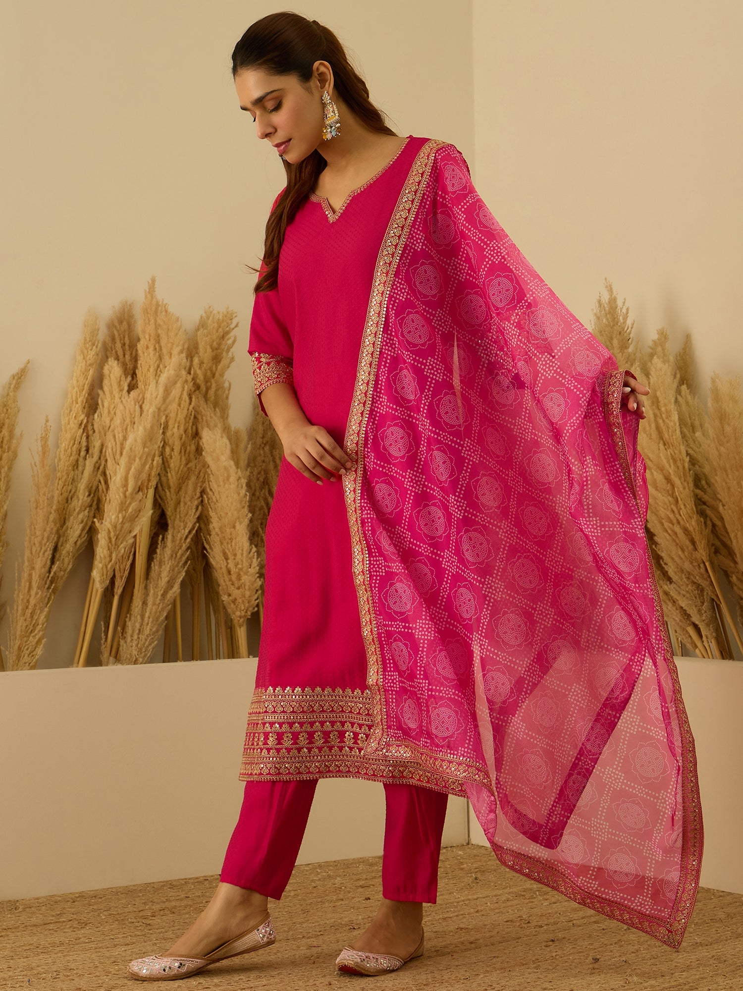 VredeVogel Pink Silk Blend Embroidered with Sequins Straight Kurta Set with Trousers & Dupatta