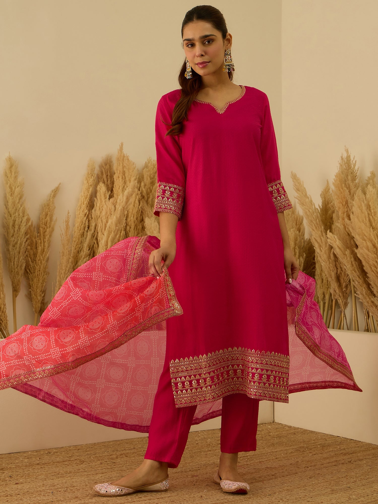 VredeVogel Pink Silk Blend Embroidered with Sequins Straight Kurta Set with Trousers & Dupatta