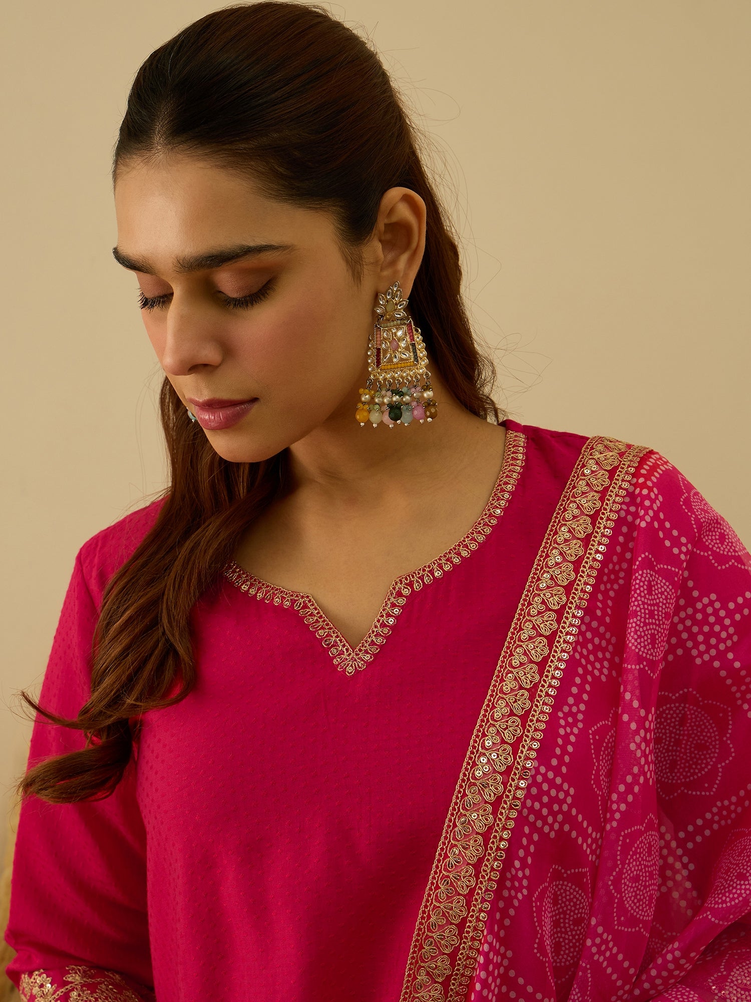 VredeVogel Pink Silk Blend Embroidered with Sequins Straight Kurta Set with Trousers & Dupatta
