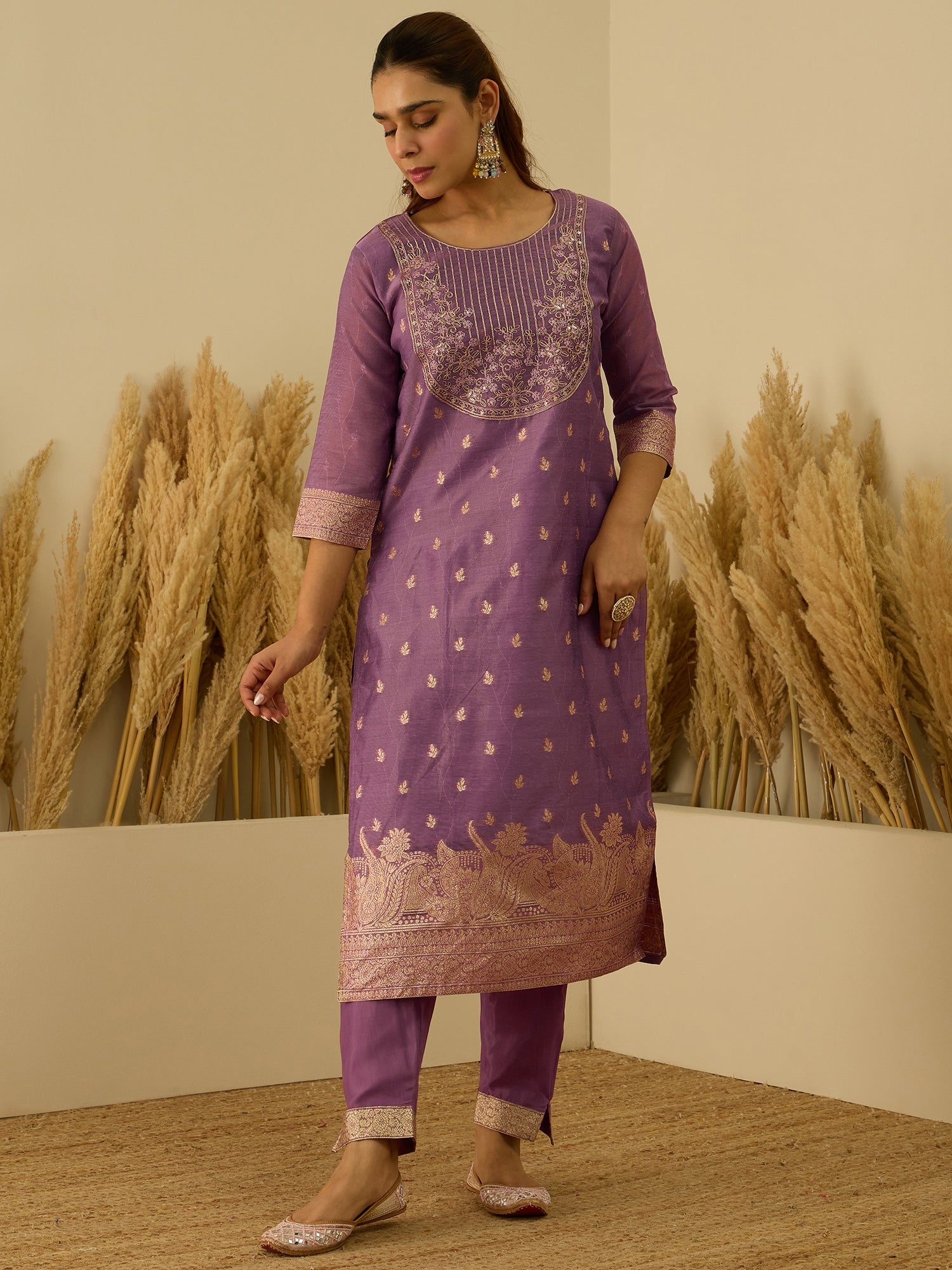 VredeVogel Purple Silk Blend Embroidered with Sequins Straight Kurta Set with Trousers & Dupatta