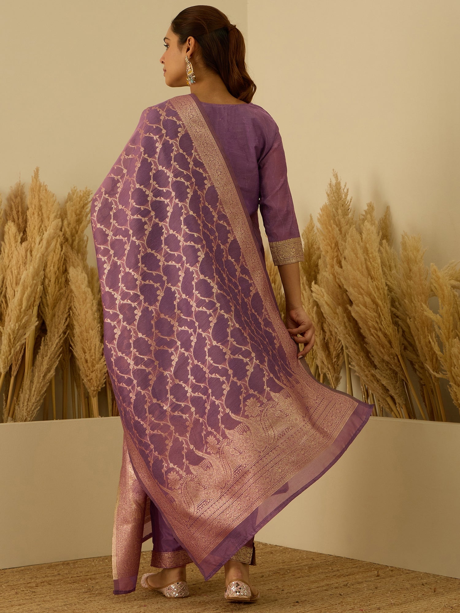 VredeVogel Purple Silk Blend Embroidered with Sequins Straight Kurta Set with Trousers & Dupatta