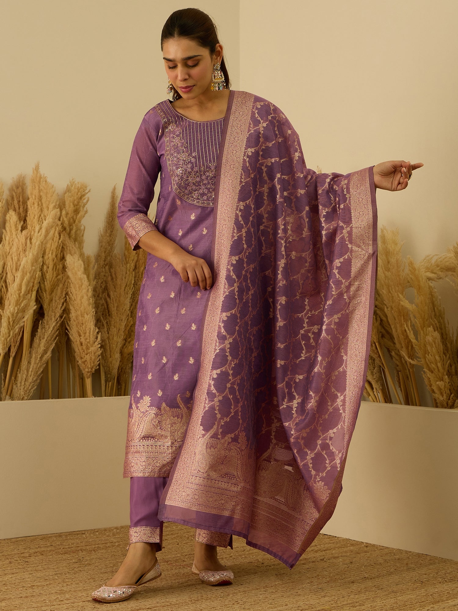 VredeVogel Purple Silk Blend Embroidered with Sequins Straight Kurta Set with Trousers & Dupatta