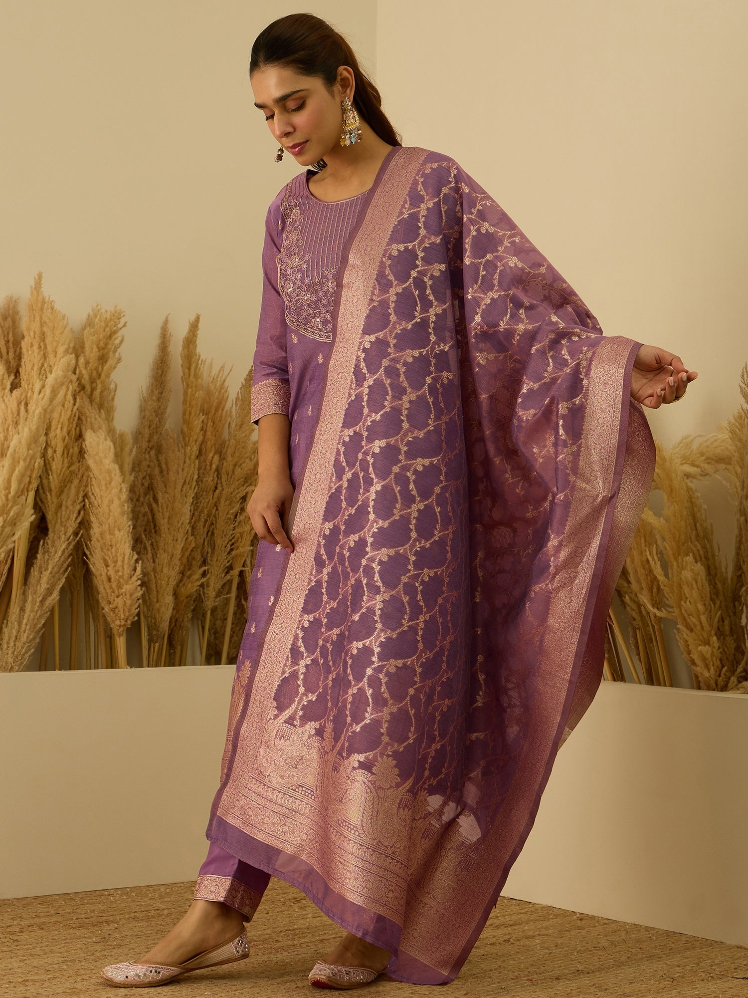 VredeVogel Purple Silk Blend Embroidered with Sequins Straight Kurta Set with Trousers & Dupatta