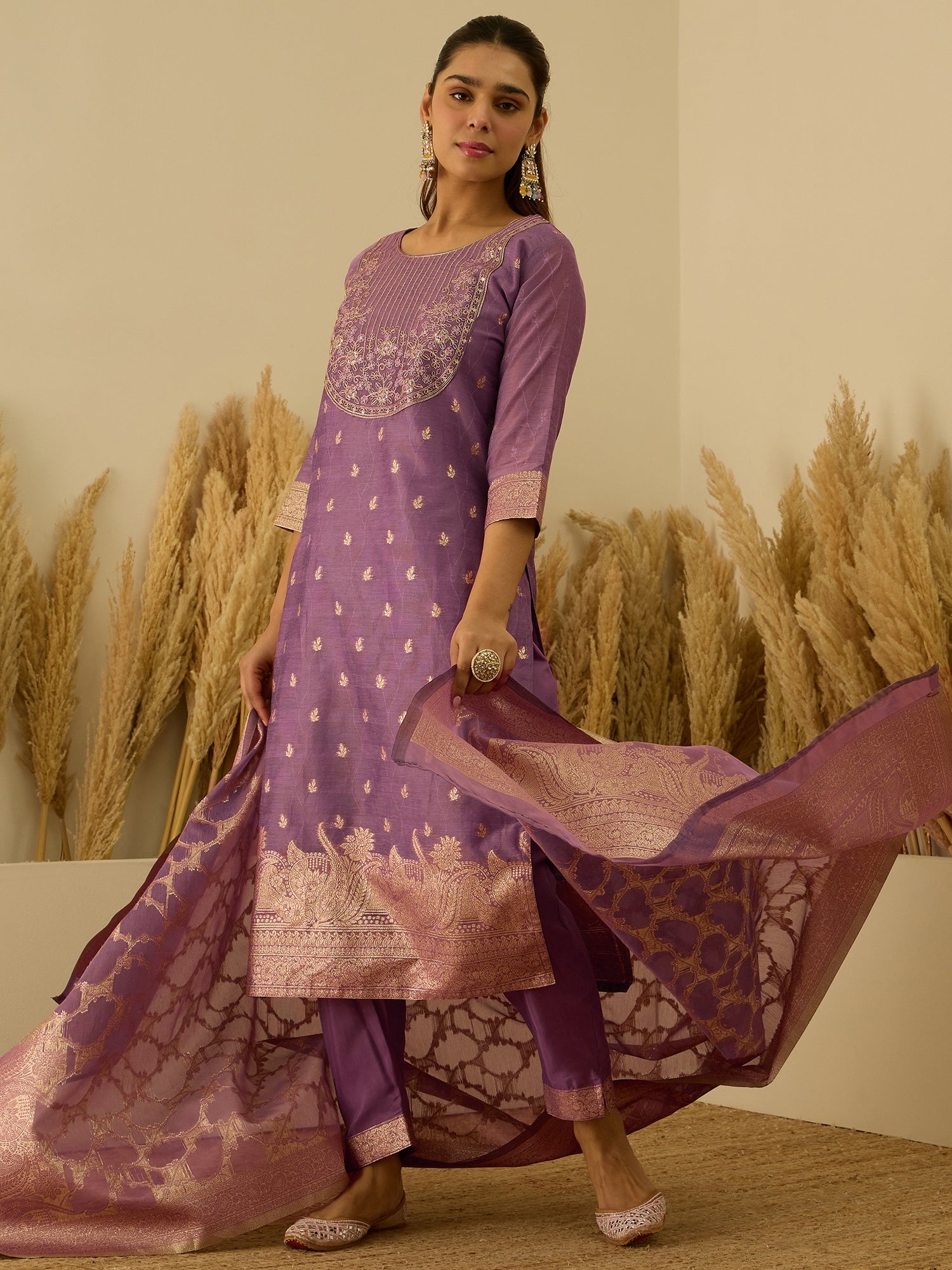 VredeVogel Purple Silk Blend Embroidered with Sequins Straight Kurta Set with Trousers & Dupatta