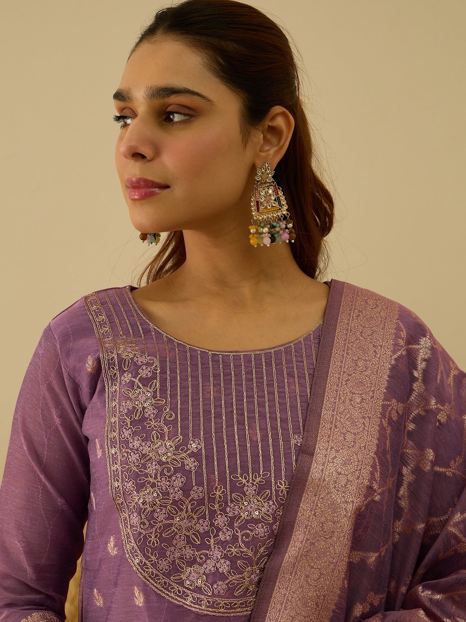 VredeVogel Purple Silk Blend Embroidered with Sequins Straight Kurta Set with Trousers & Dupatta