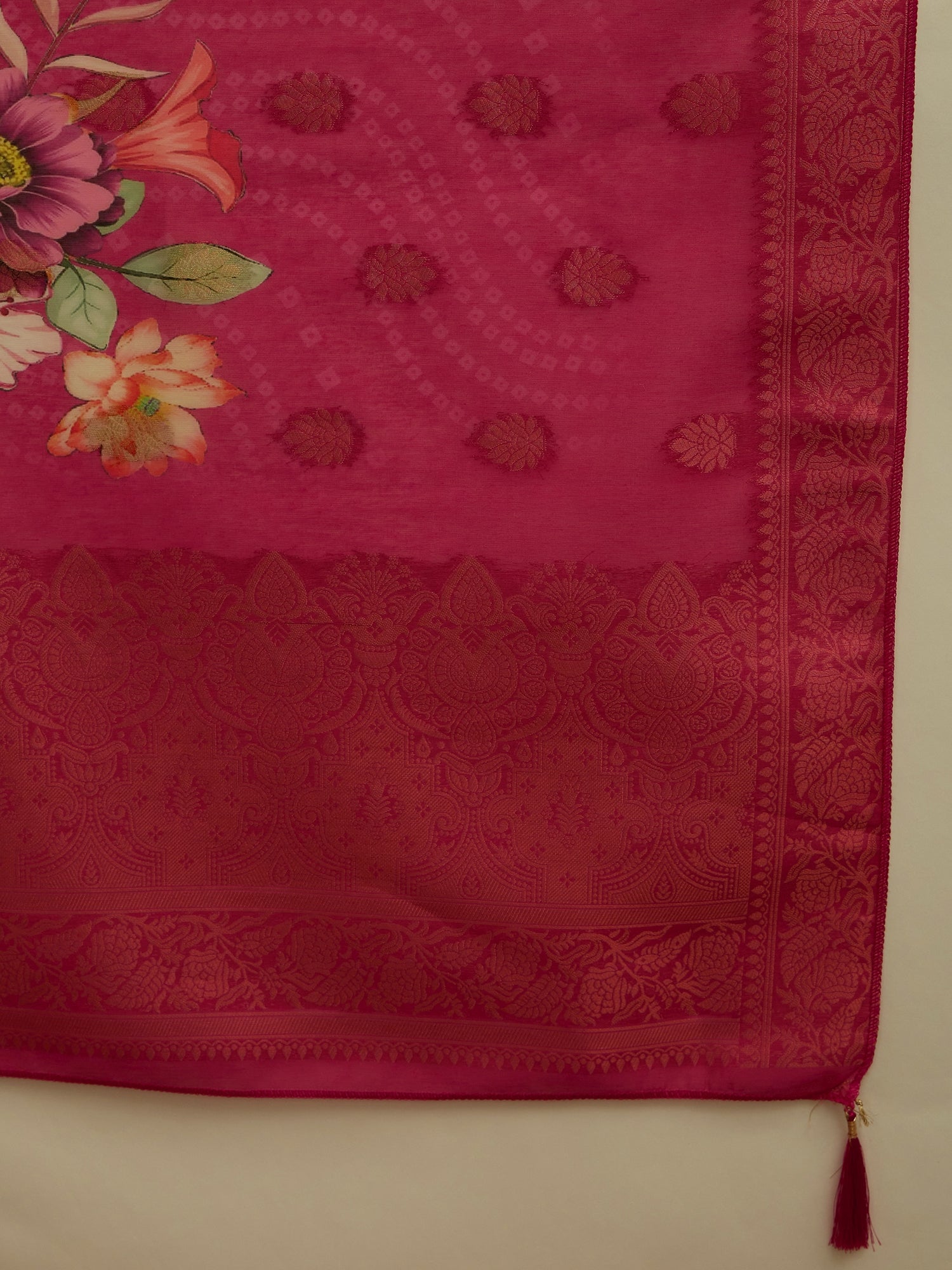 VredeVogel Pink Silk Blend Embroidered Straight Kurta Set with Trousers & Dupatta