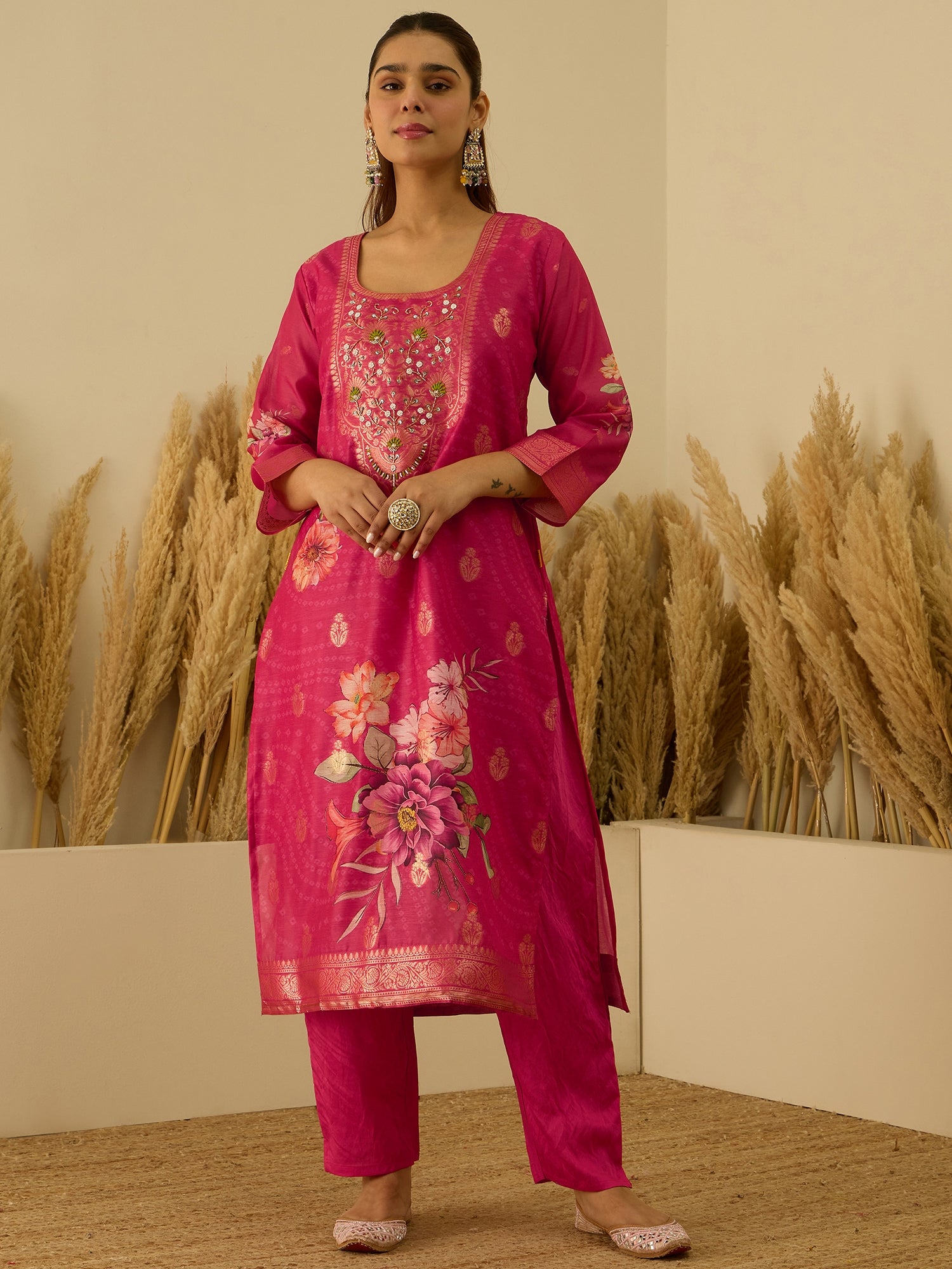 VredeVogel Pink Silk Blend Embroidered Straight Kurta Set with Trousers & Dupatta
