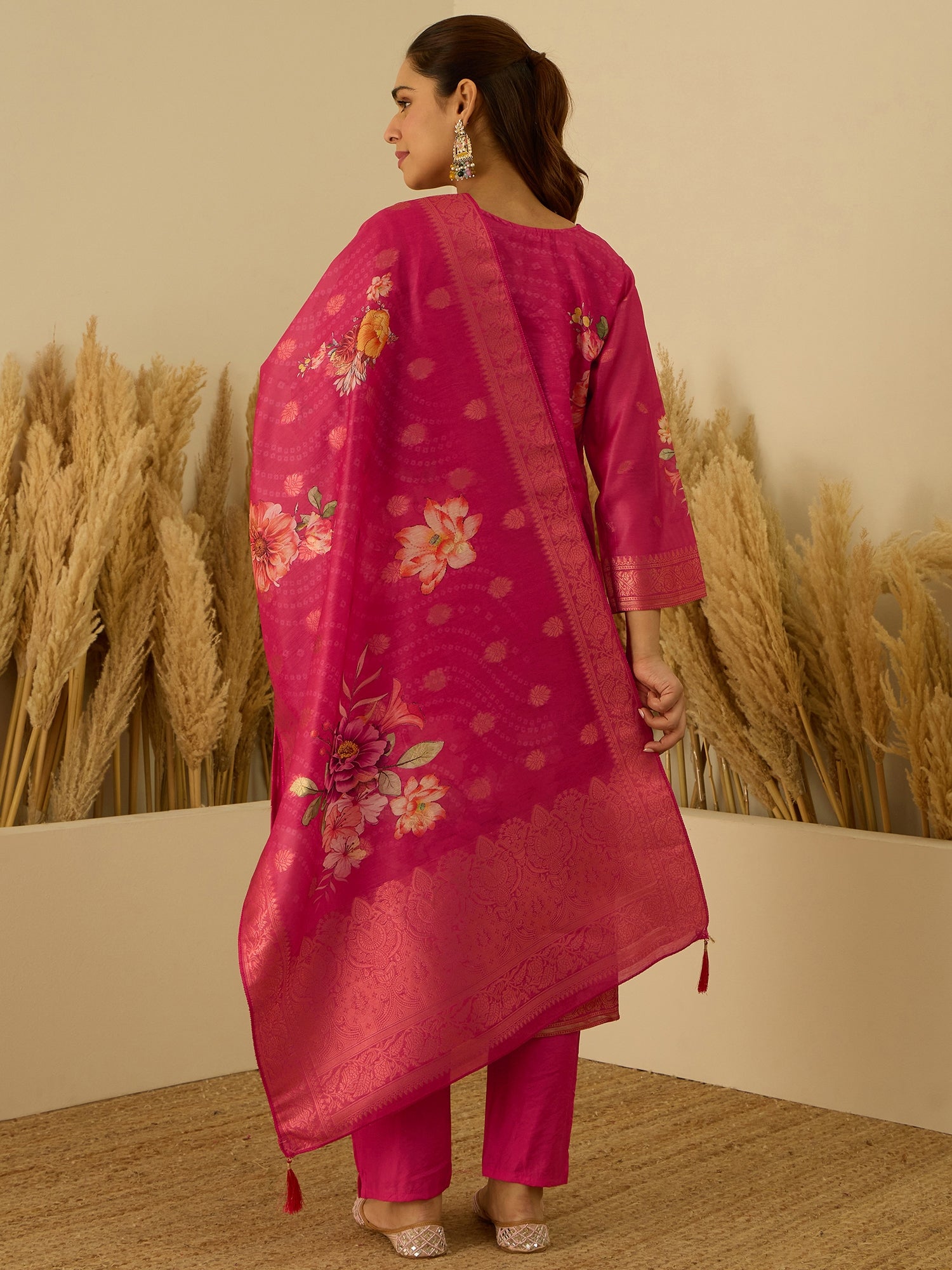 VredeVogel Pink Silk Blend Embroidered Straight Kurta Set with Trousers & Dupatta