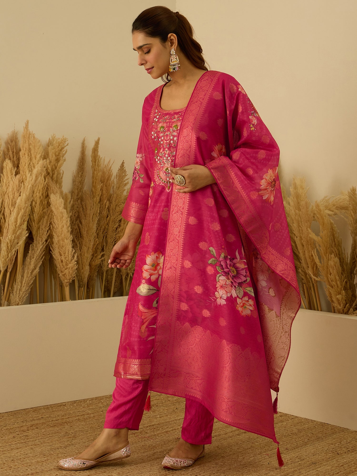 VredeVogel Pink Silk Blend Embroidered Straight Kurta Set with Trousers & Dupatta