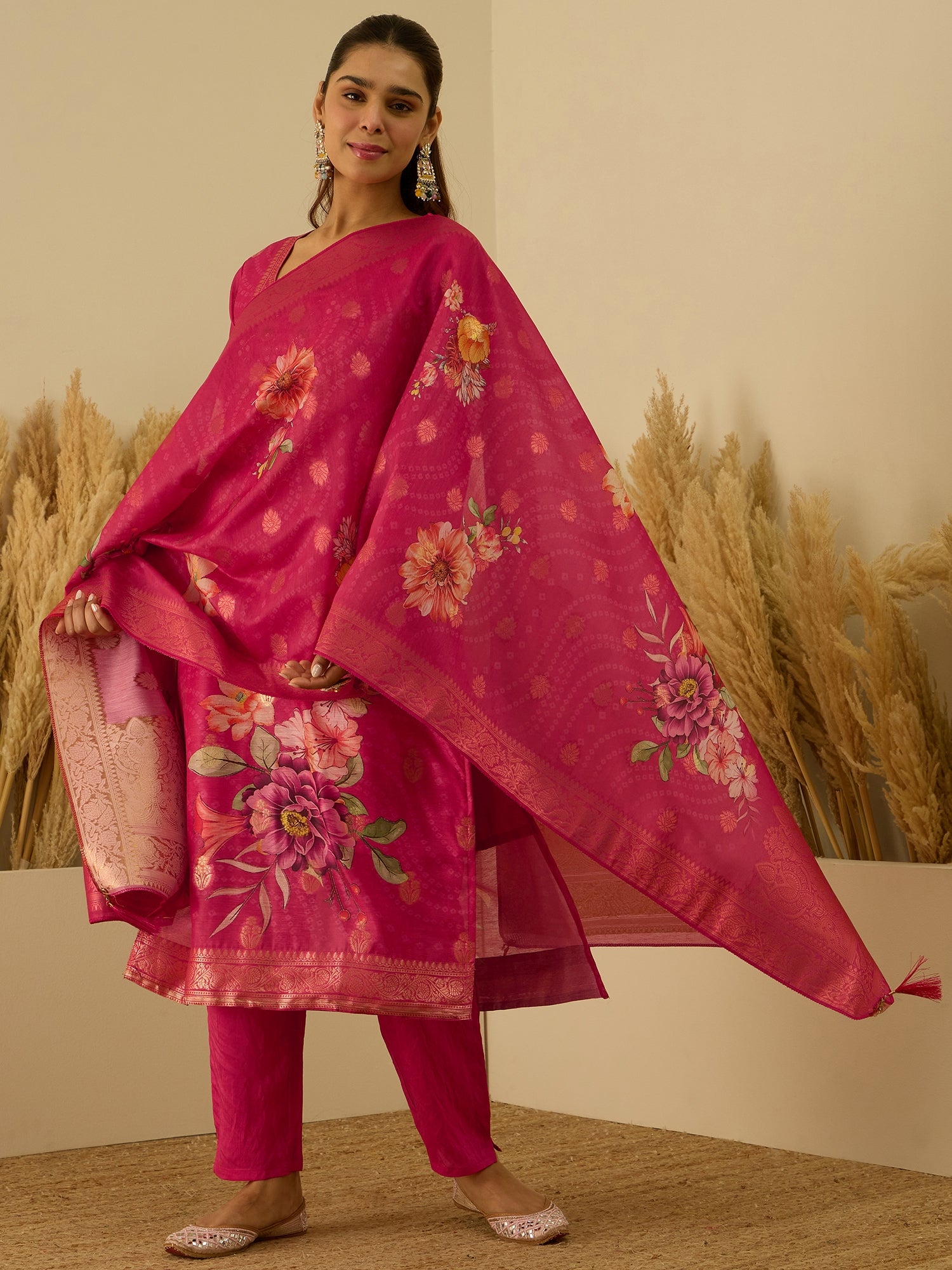 VredeVogel Pink Silk Blend Embroidered Straight Kurta Set with Trousers & Dupatta