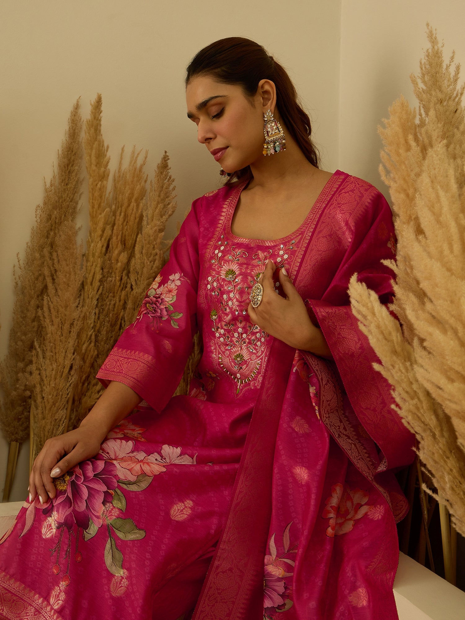 VredeVogel Pink Silk Blend Embroidered Straight Kurta Set with Trousers & Dupatta