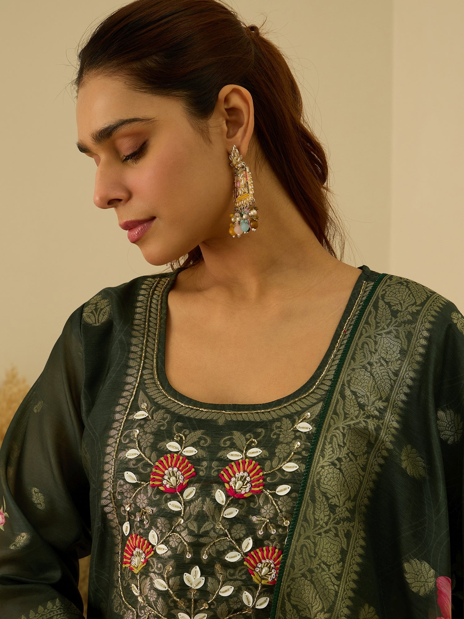 VredeVogel Green Silk Blend Embroidered Straight Kurta Set with Trousers & Dupatta