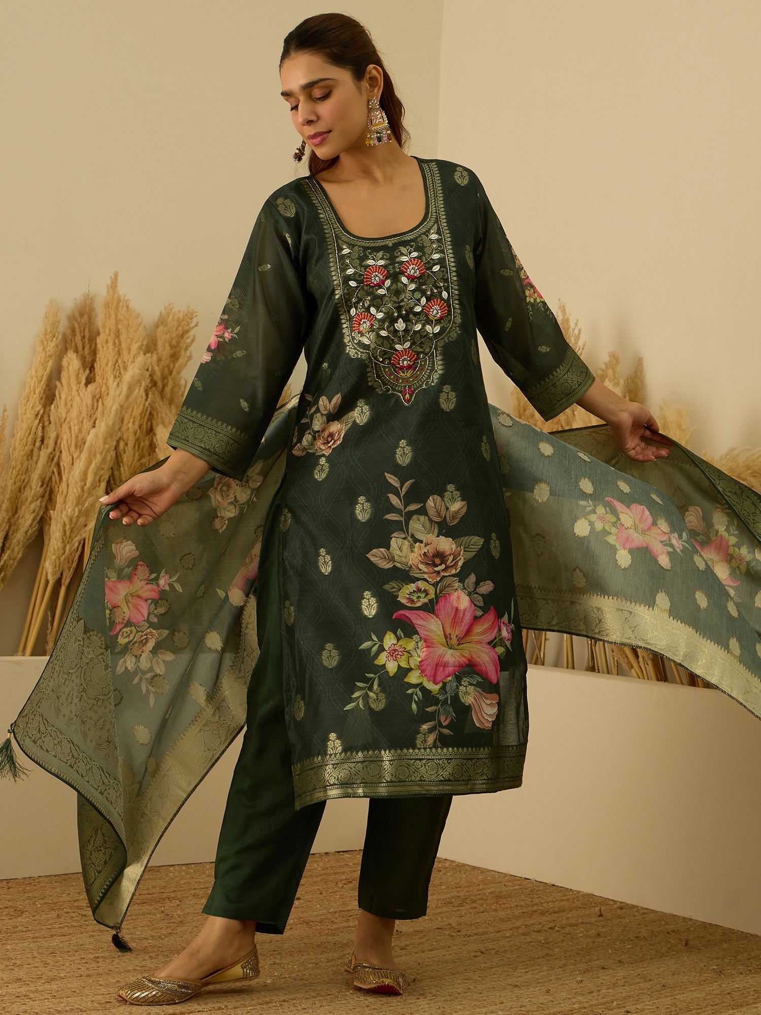 VredeVogel Green Silk Blend Embroidered Straight Kurta Set with Trousers & Dupatta