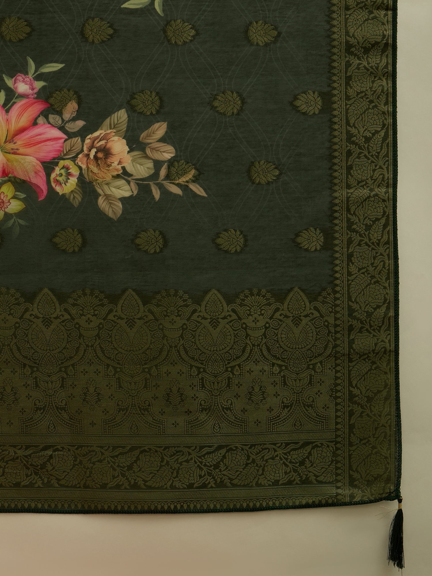 VredeVogel Green Silk Blend Embroidered Straight Kurta Set with Trousers & Dupatta