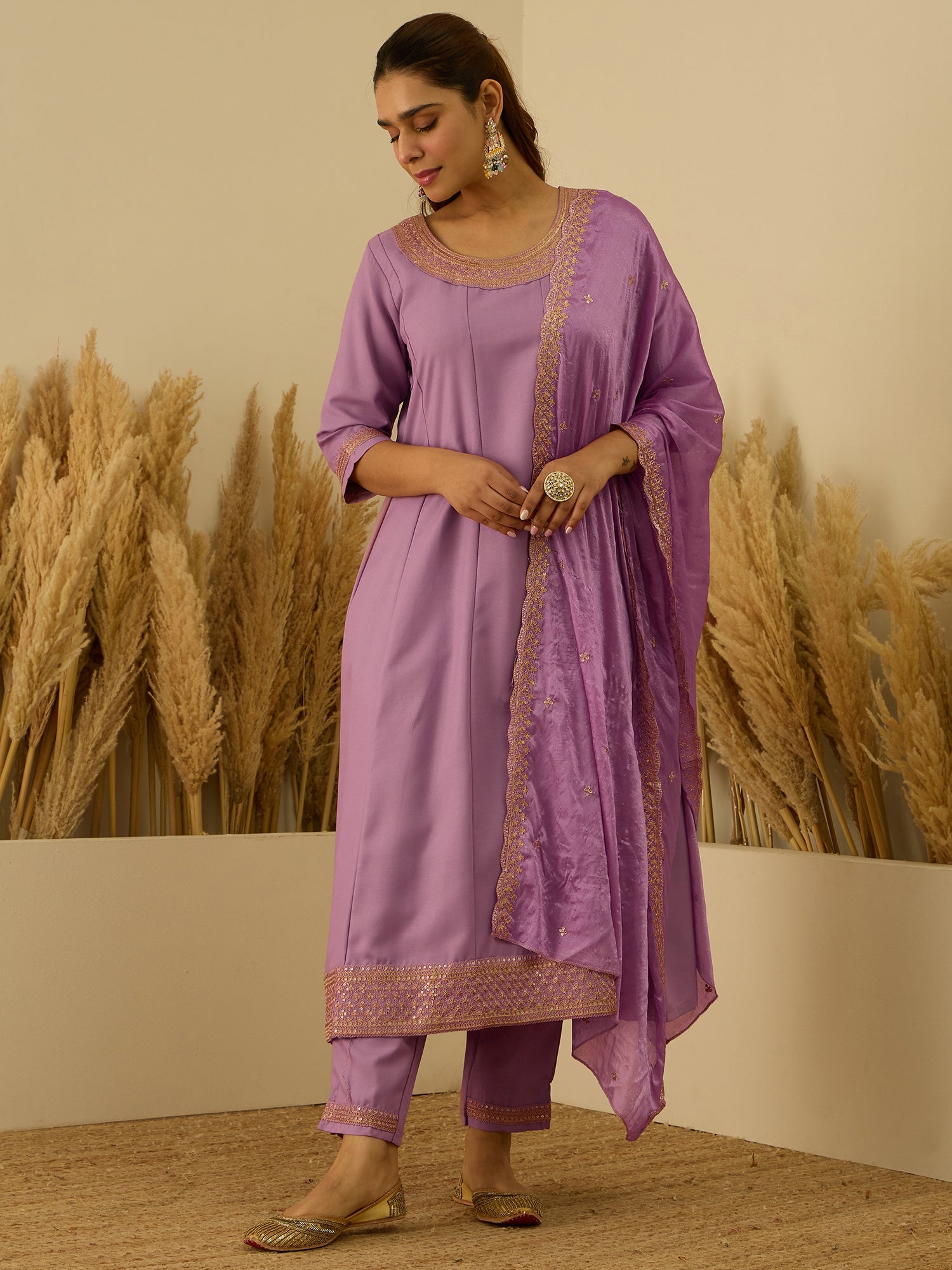 Navrangi Lavender Stylish Anarkali Kurta Set Ready to Wear Soft Silk Fabric with Embroidered Dupatta Tailored Fit