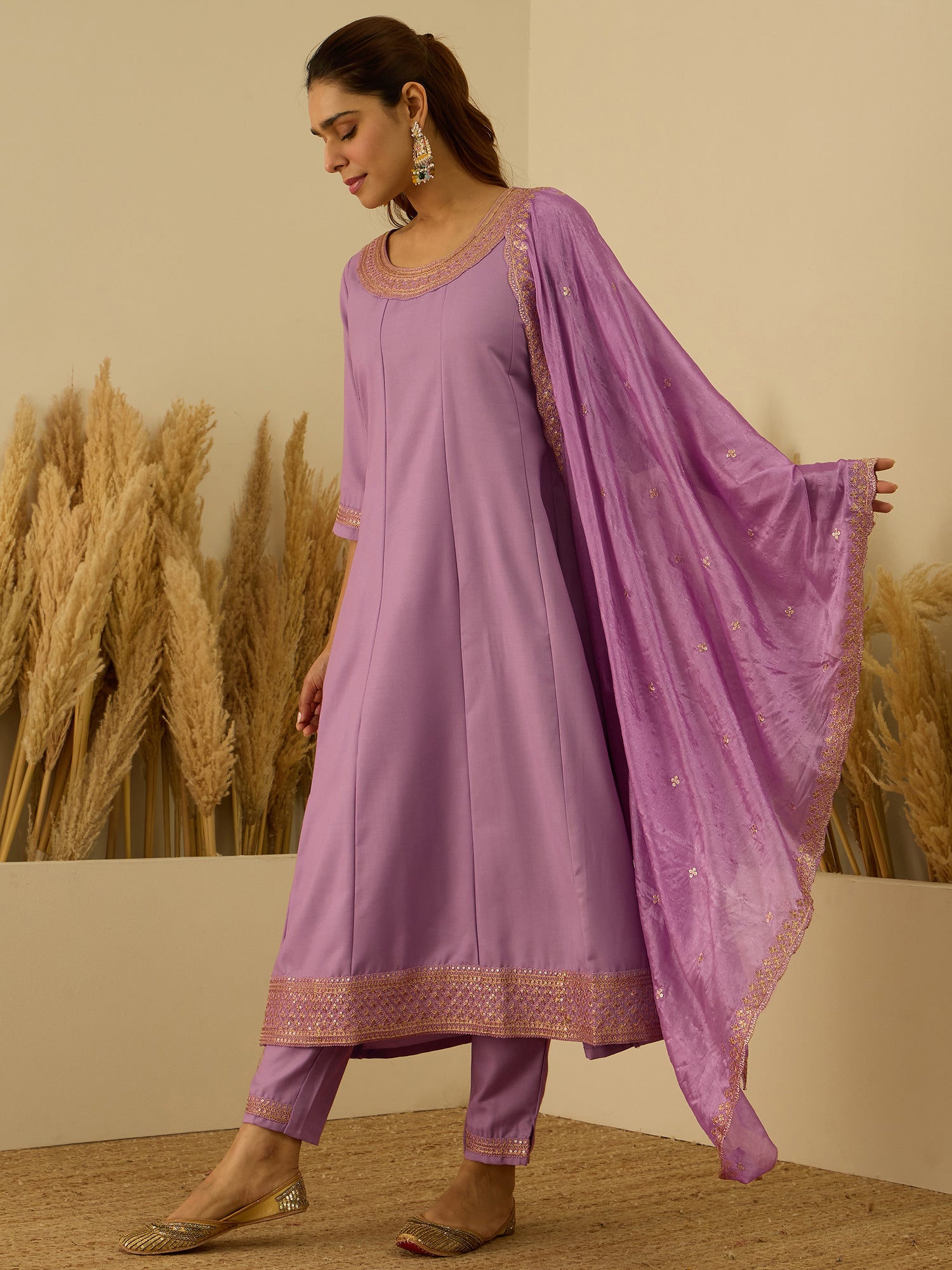 Navrangi Lavender Stylish Anarkali Kurta Set Ready to Wear Soft Silk Fabric with Embroidered Dupatta Tailored Fit