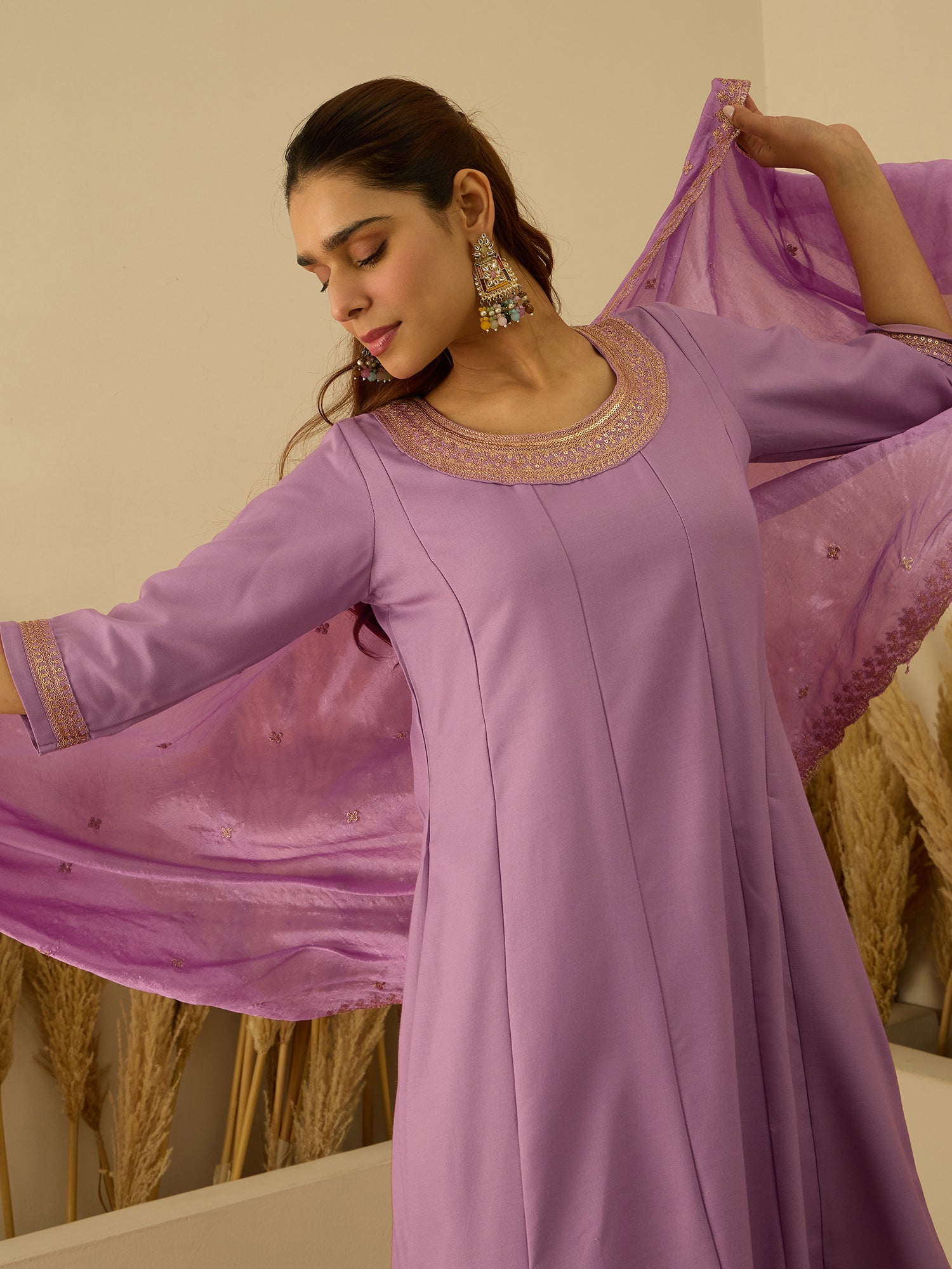 Navrangi Lavender Stylish Anarkali Kurta Set Ready to Wear Soft Silk Fabric with Embroidered Dupatta Tailored Fit