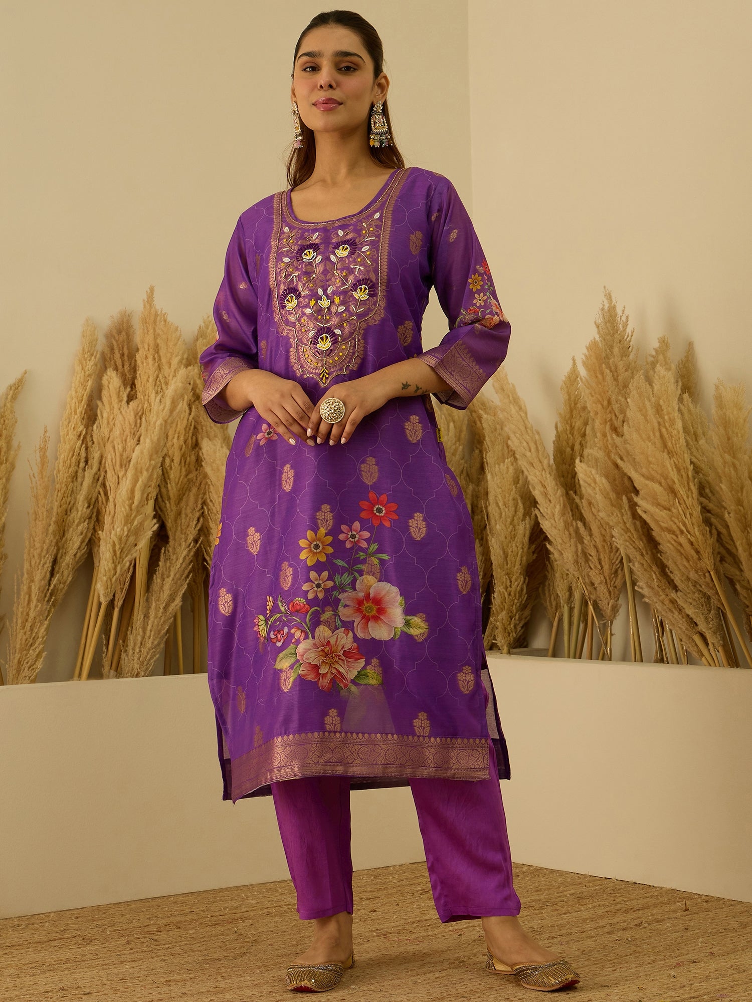 VredeVogel Purple Silk Blend Embroidered Straight Kurta Set with Trousers & Dupatta