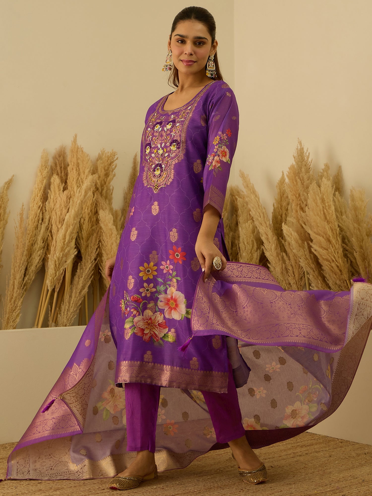VredeVogel Purple Silk Blend Embroidered Straight Kurta Set with Trousers & Dupatta