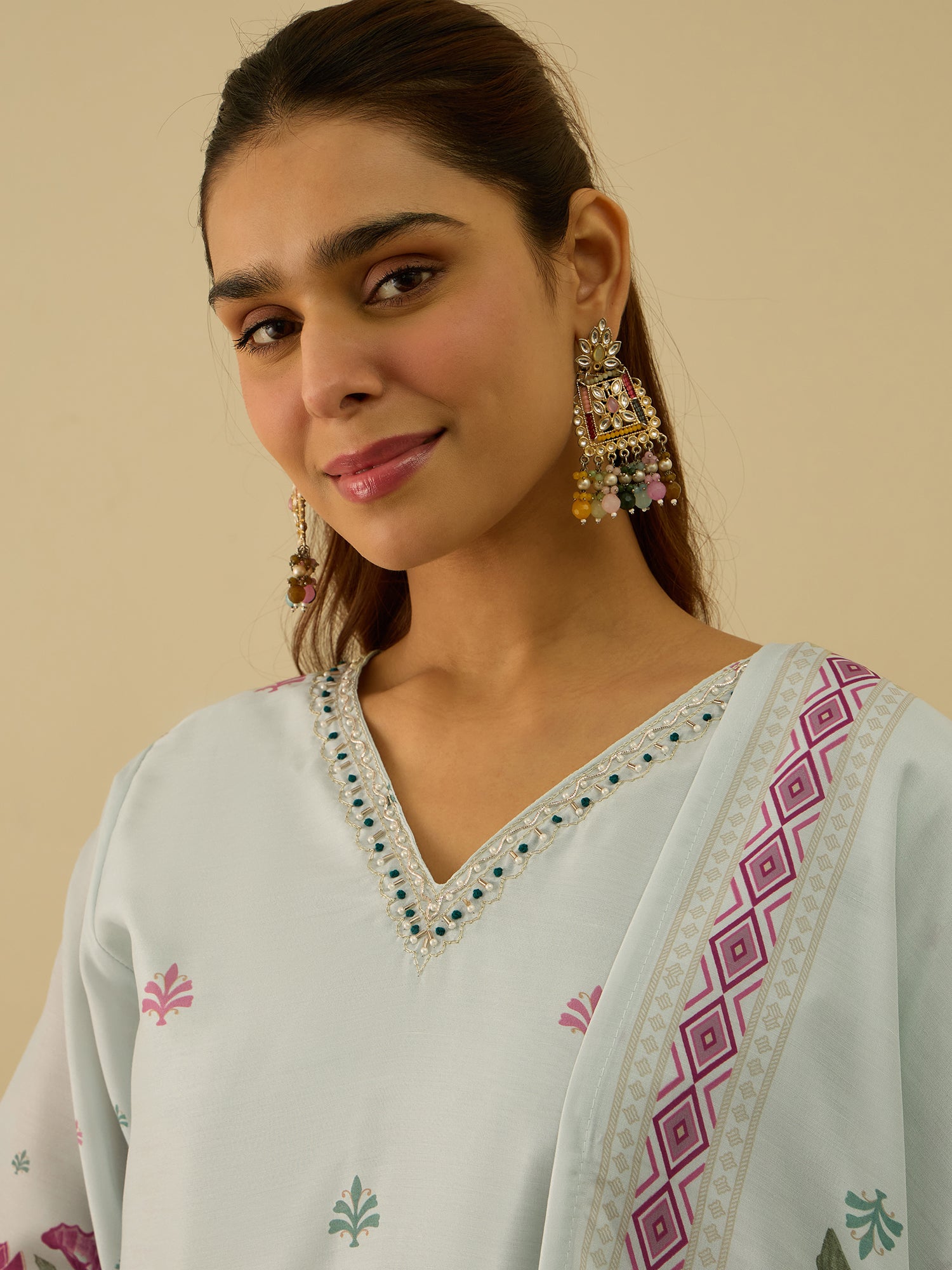 Aabha Sky Digital Printed Neck Handwork Women Kurta Sets With Dupatta Straight Suits