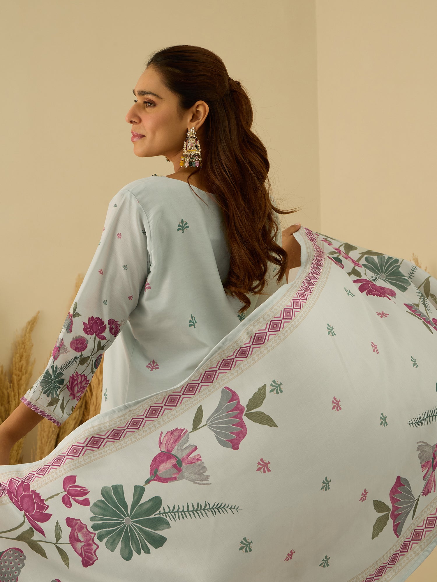 Aabha Sky Digital Printed Neck Handwork Women Kurta Sets With Dupatta Straight Suits