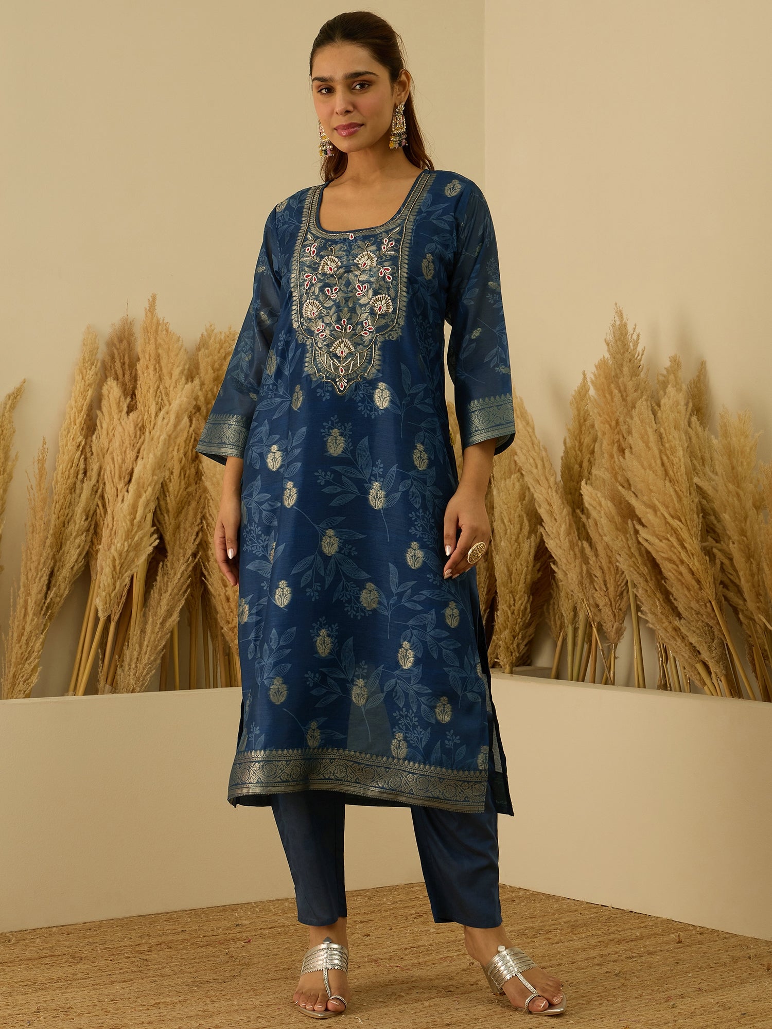 VredeVogel Teal Silk Blend Embroidered Straight Kurta Set with Trousers & Dupatta