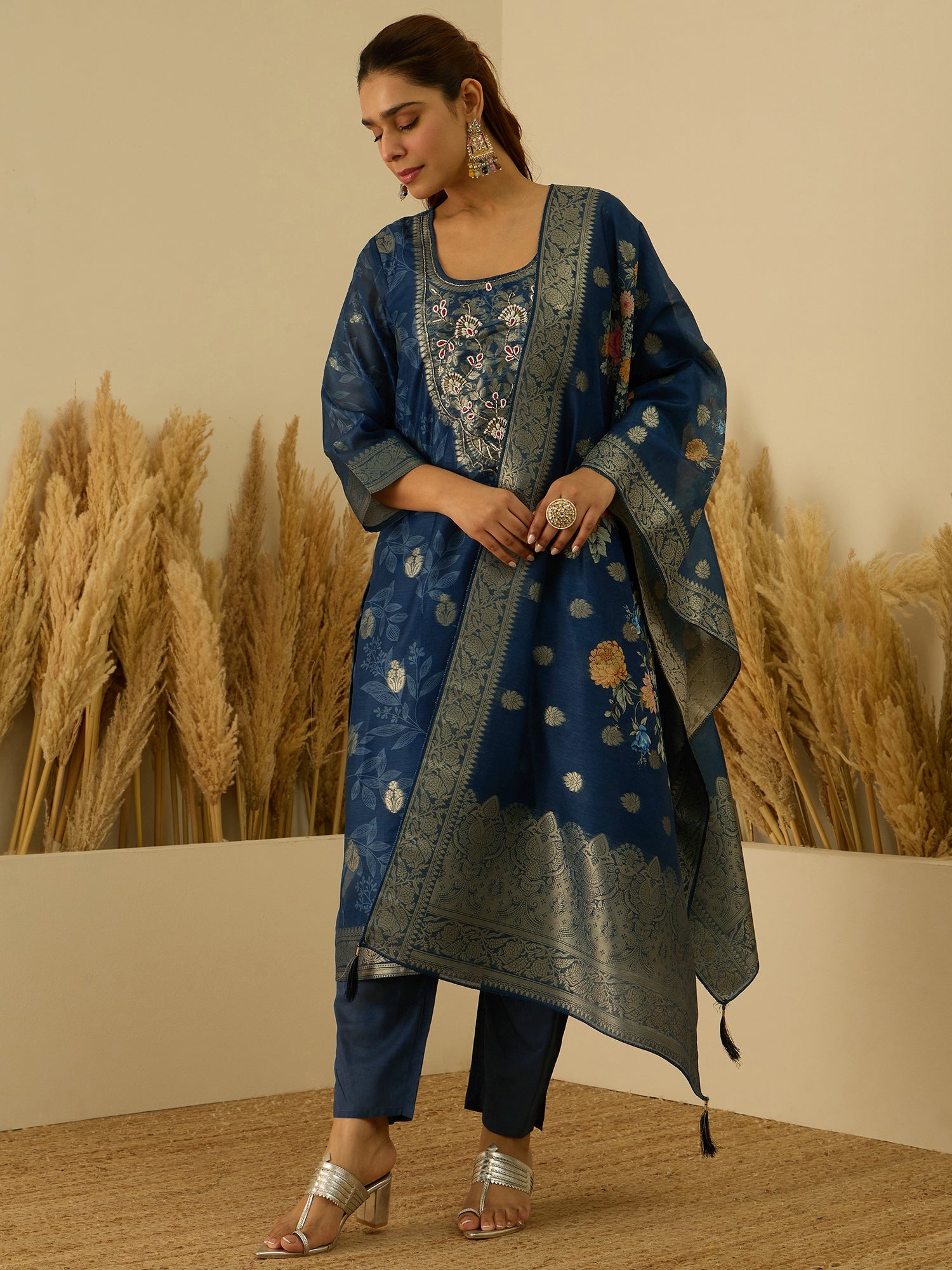 VredeVogel Teal Silk Blend Embroidered Straight Kurta Set with Trousers & Dupatta
